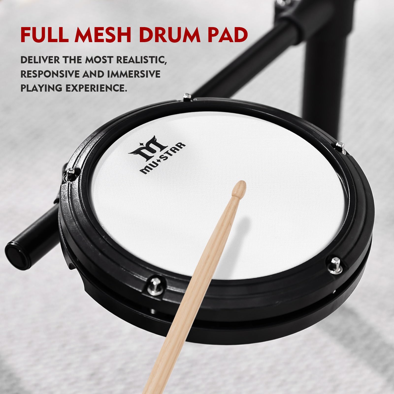 MUSTAR 10-Piece Electronic Drum Set with 450 Sounds, Mesh Drum Pads, 2 Choke Cymbals, Kick Drum, Pedals, Headphones & Sticks - USB MIDI Compatible for Home Practice, Studio Recording & Live Performances