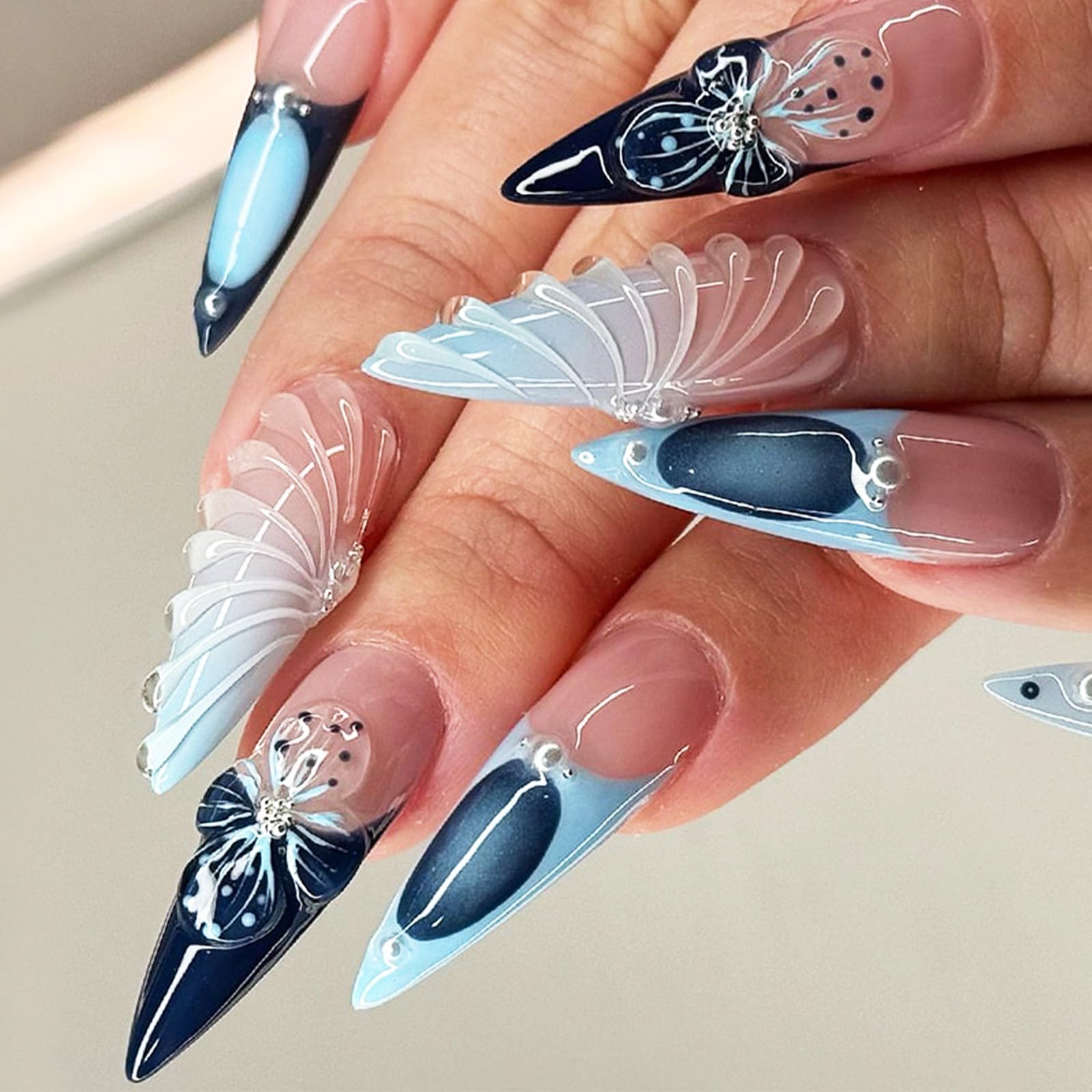 Blue French Tip Press on Nails - 24PCS 3D Floral Acrylic Fake Nails with Glossy Gradient & Pearl Accents | Long Stiletto Shape, Curve Line Design | Easy Glue-On False Nails for Women & Girls | Perfect for Parties, Weddings, and Special Occasions