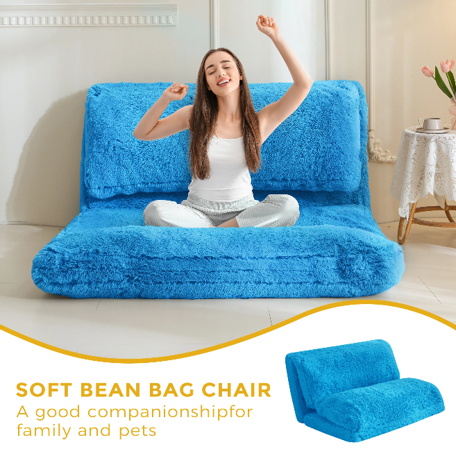 MAXYOYO Folding Bean Bag Sofa Bed - Soft Faux Fur Floor Couch with Foam Filling, Blue - Perfect for Living Room, Bedroom, Dorm & Small Space Relaxation