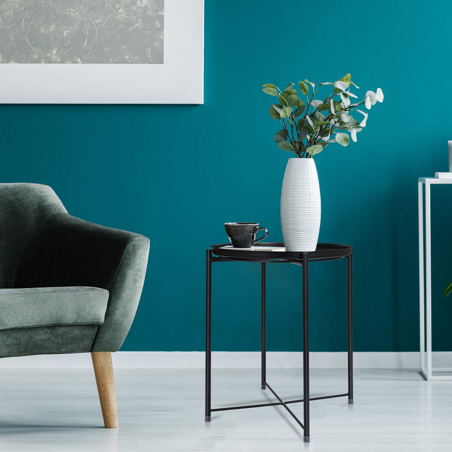 Metal End Table with Removable Tray - Small Round Side Table for Living Room, Bedroom & Outdoor Use - Stylish Nightstand and Snack Table for Sofa, Patio or Dorm Decor