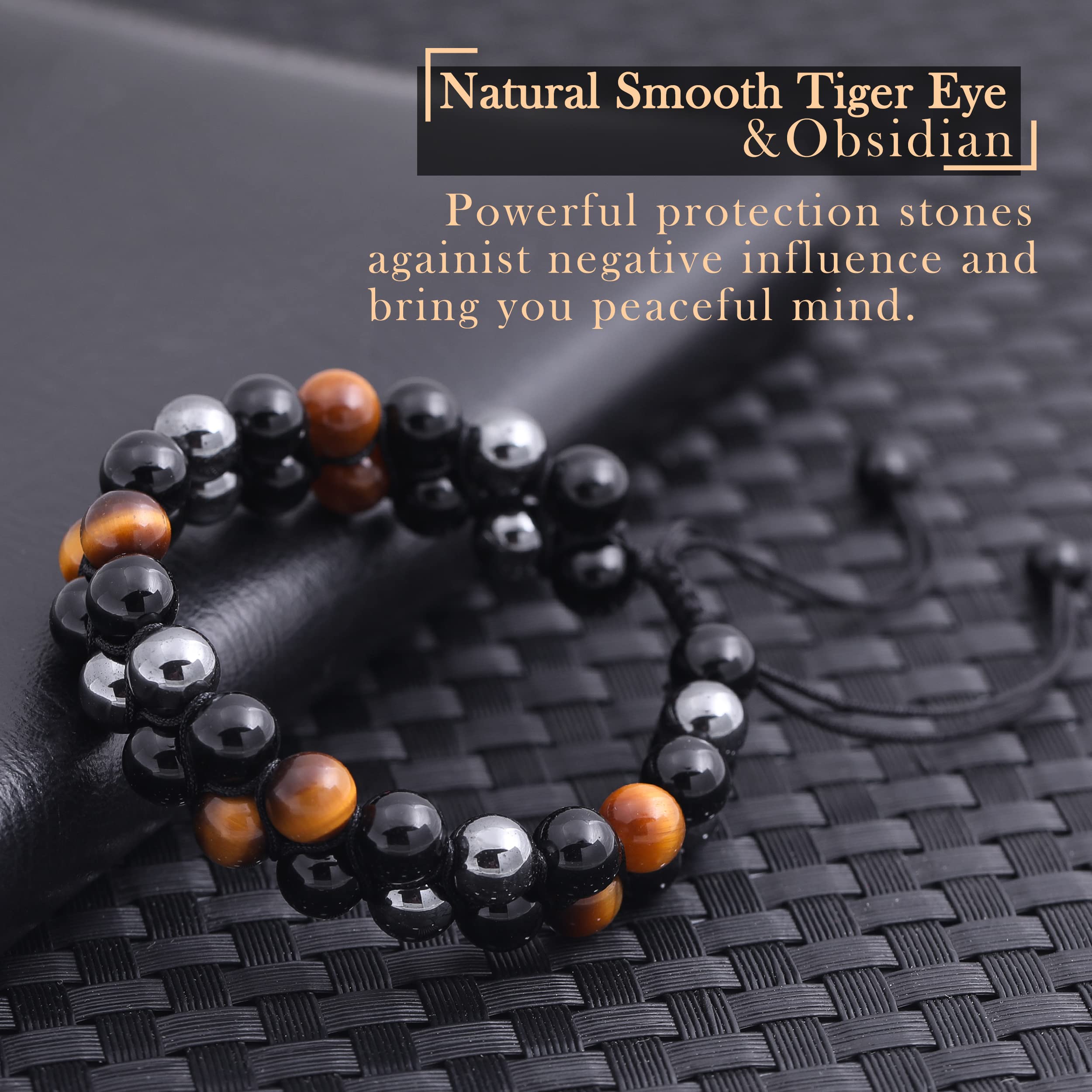 Tiger Eye Bracelet for Men & Women - Handmade Natural Stone Beads with Hematite & Black Obsidian | Healing Energy Crystal Jewelry | Protection Bracelet for Meditation, Stress Relief & Positive Energy
