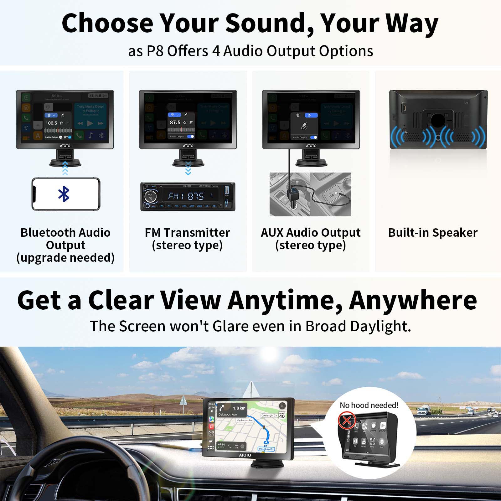 ATOTO P8 7-Inch Wireless CarPlay & Android Auto Car Stereo with QLED Touchscreen, HD 1080P Front/Rear Camera Input, WDR, Auto Dimmer, Bluetooth - Perfect for Road Trips & Daily Commuting