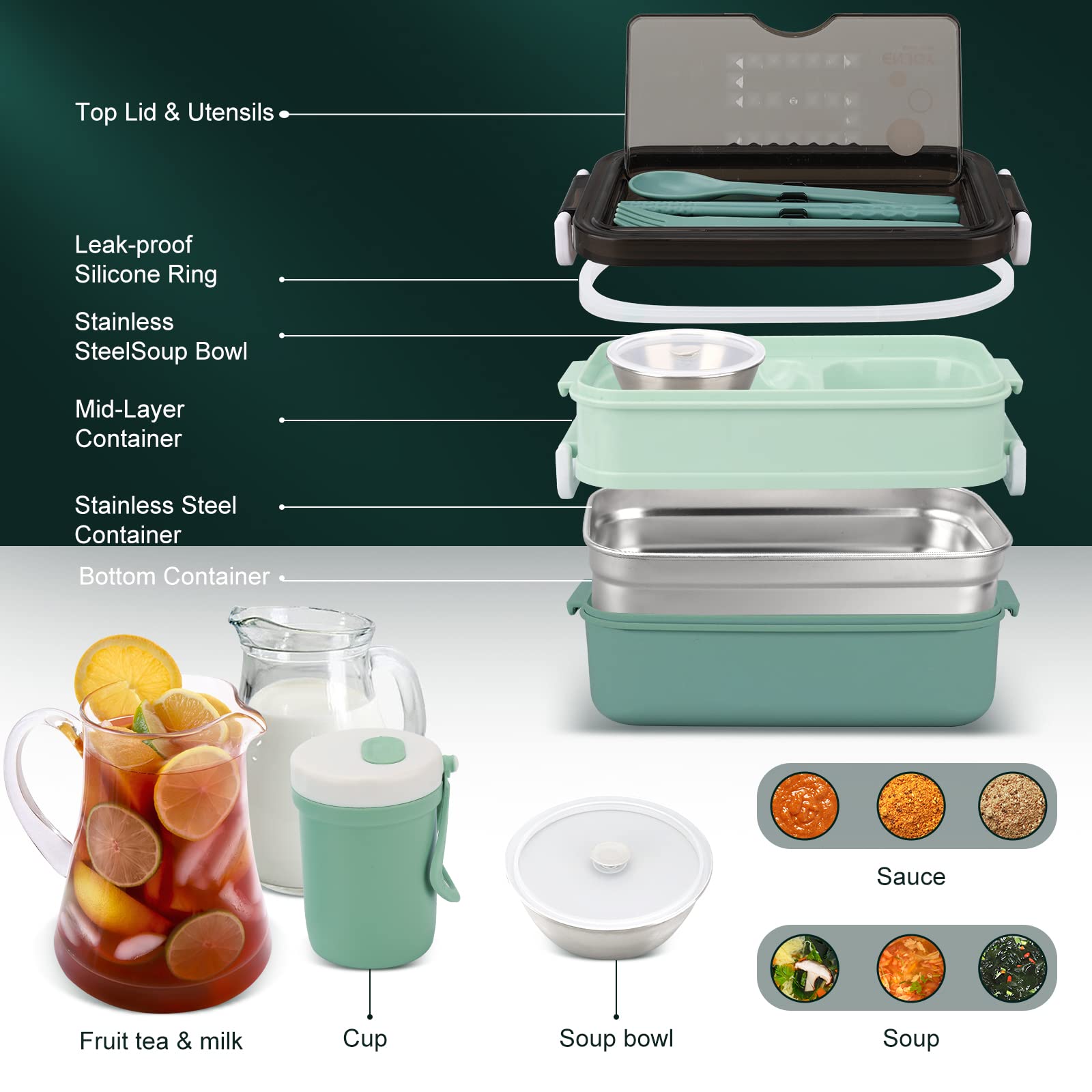 Eco-Friendly 1200ml Bento Lunch Box Kit for Adults - Portable BPA-Free Meal Prep Container with Insulated Lunch Bag - Perfect for Office, School & Travel (Green Metal)