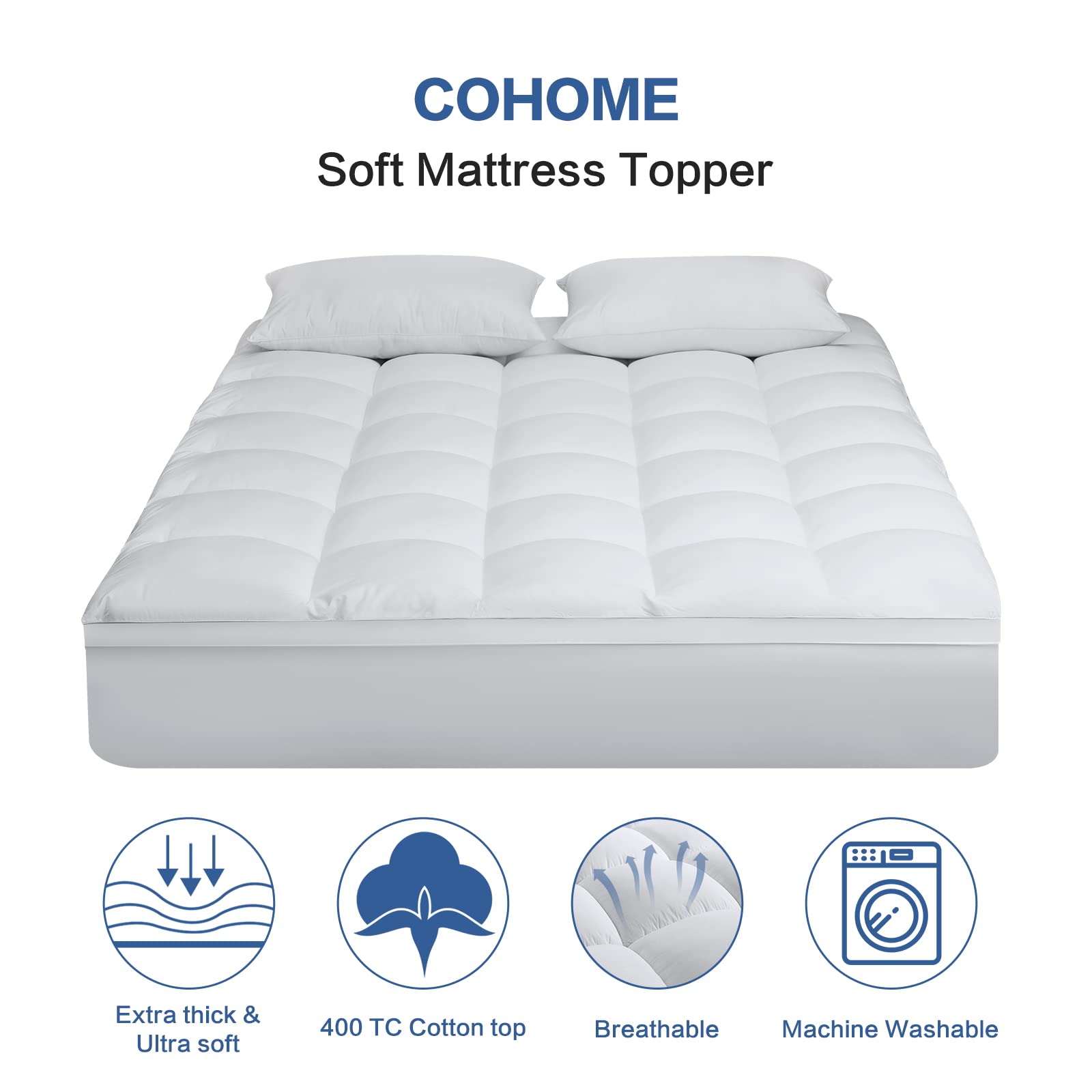 COHOME Twin XL Mattress Topper - 3 Inch Extra Thick Cooling Mattress Pad with 400TC Cotton Cover, Plush Down Alternative Fill for Pressure Relief - Fits 8-21 Inch Deep Pocket Beds (39x80 Inches, White) - Perfect for Guest Rooms, Dorms & Hot Sleepers