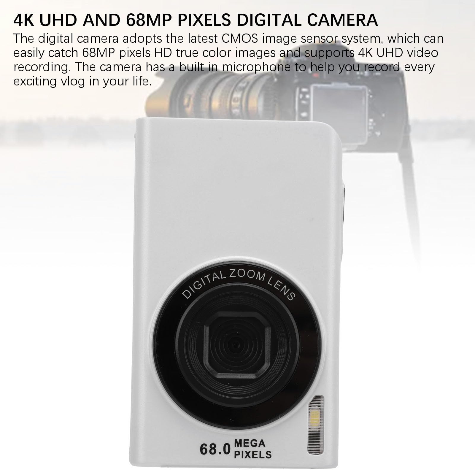 4K 68MP Digital Camera with 16X Zoom, Auto Focus & Anti-Shake - Vlogging Camera for Travelers with Continuous Shooting & Built-in Fill Light (White) - Perfect for Travel Vlogs, YouTube Content & Outdoor Photography