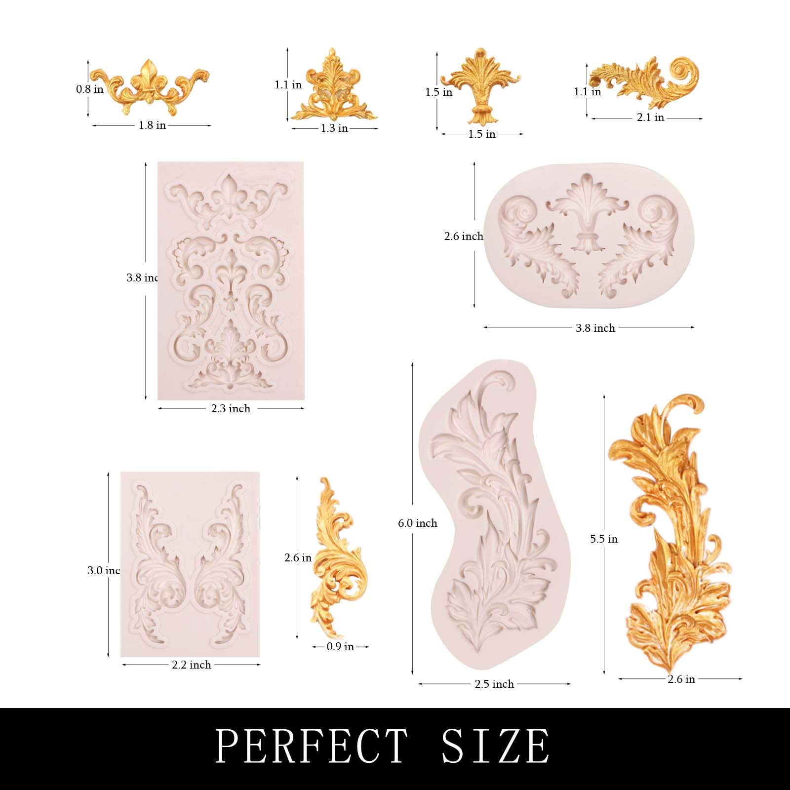 Baroque Silicone Fondant Molds (4 Pack) - Scrolls, Border, Feather & Crown Corner Molds for Cake Decorating, Polymer Clay & DIY Crafts - Perfect for Wedding Cakes, Cupcakes & Home Baking Projects