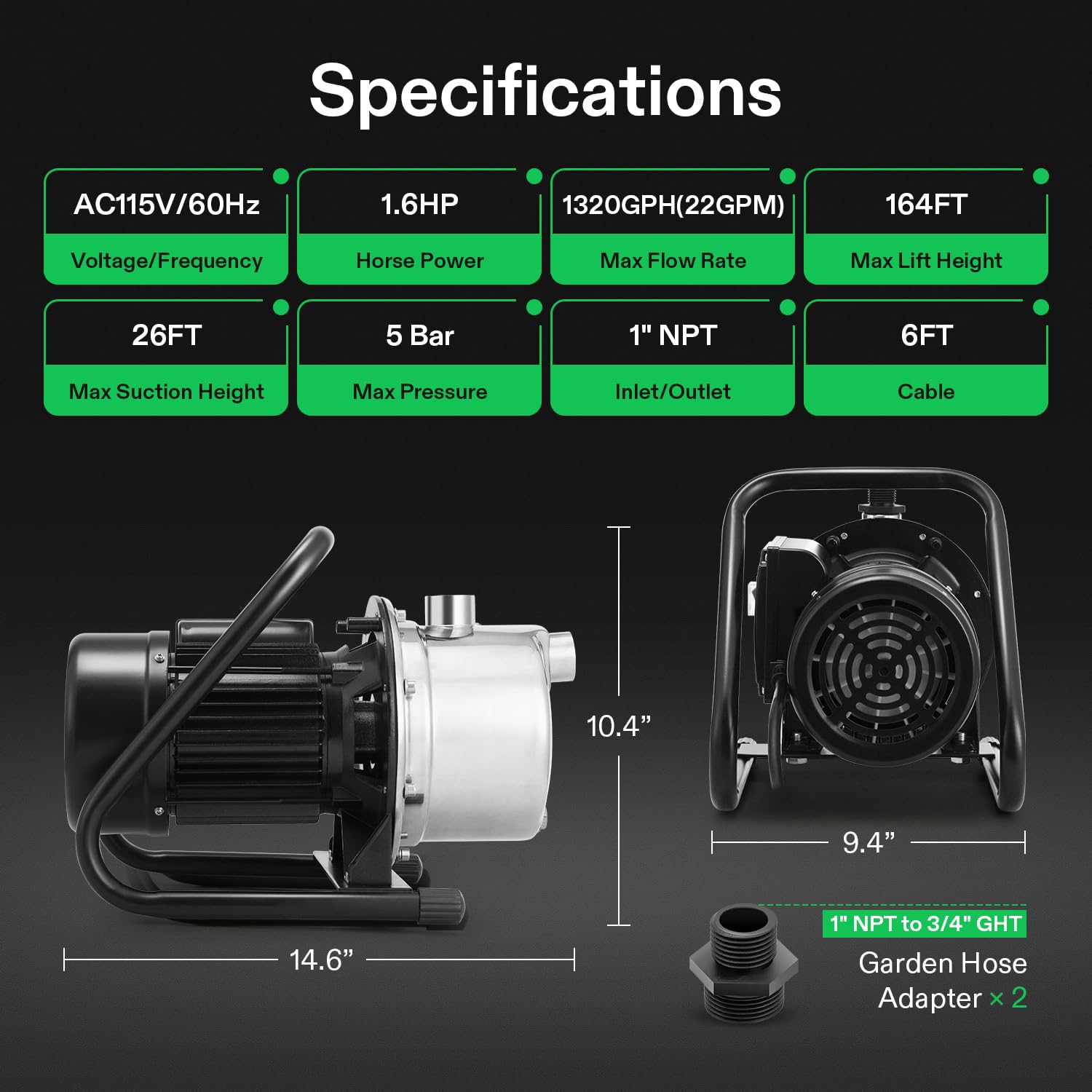 VIVOSUN 1.6HP Shallow Well Pump - 1320GPH High Flow Portable Water Pump with 2 Adapters | Stainless Steel Garden Pump for Lawn Sprinkling, Yard Watering & Farm Irrigation | Ideal for Home Gardens, Agricultural Use & Water Transfer