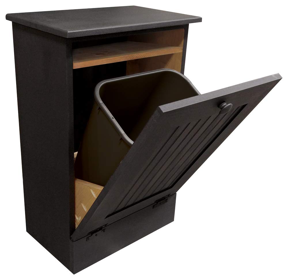 Solid Black Wooden Tilt-Out Trash Bin with Interior Shelf - Premium Sawdust City Kitchen Waste Bin for Under Sink Storage & Home Organization