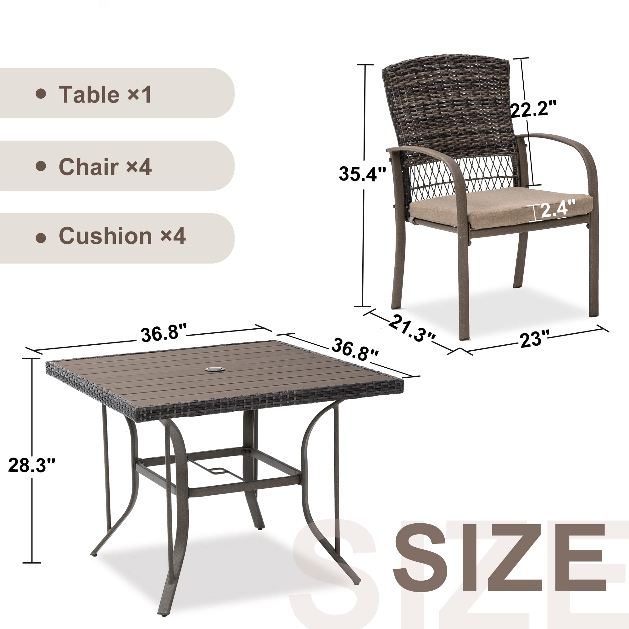 5-Piece All-Weather Patio Dining Set for 4 with Umbrella Hole - Beige Plastic-Wood Table & Wicker Chairs with Removable Cushions - Perfect for Deck, Garden, Backyard, Poolside & Outdoor Entertaining