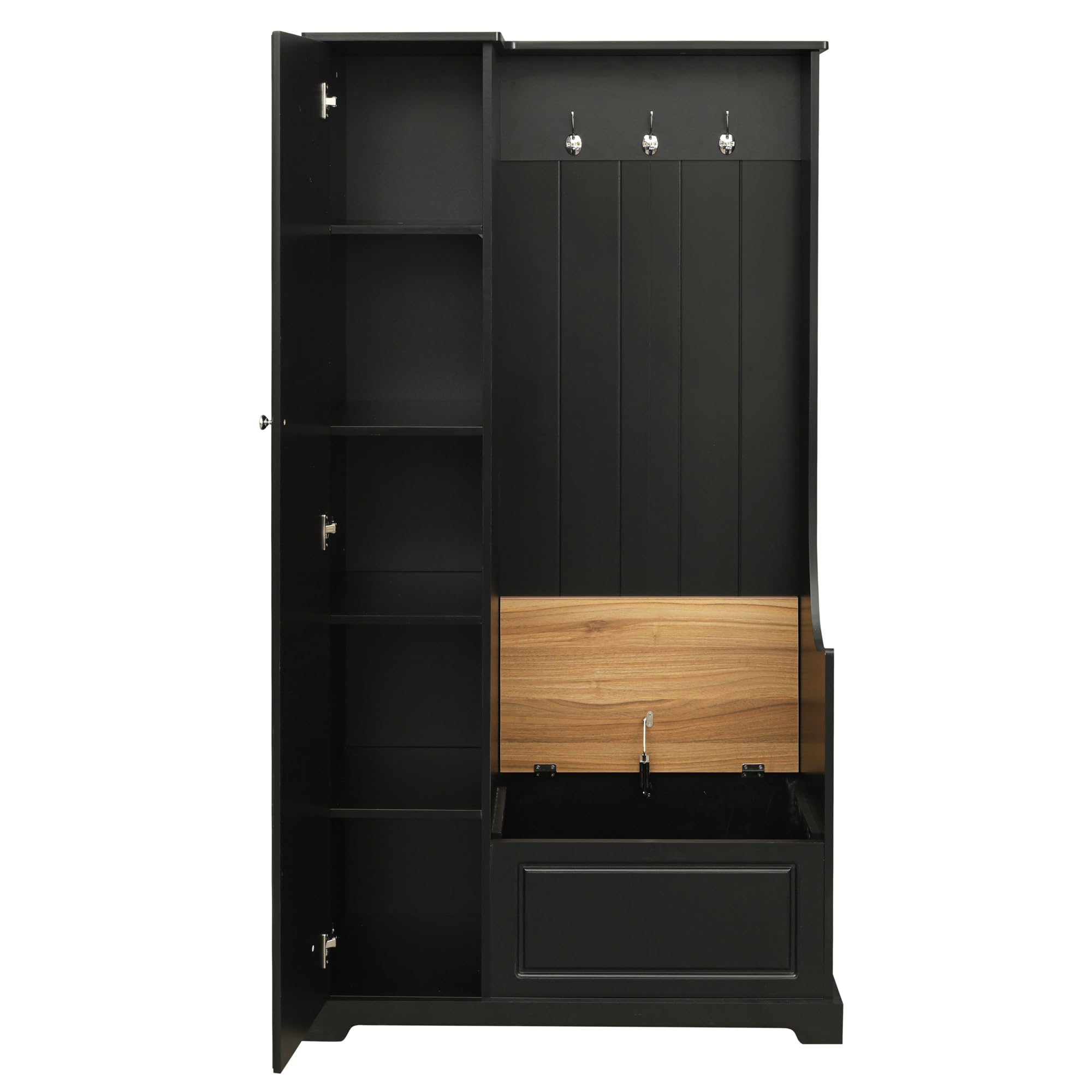 3-in-1 Hall Tree with Bench, Shoe Storage & Coat Rack - Multifunctional Entryway Organizer with Flip-Up Storage, Adjustable Shelves & Tall Wood Cabinet - Perfect for Hallway, Foyer & Mudroom Organization (Black)