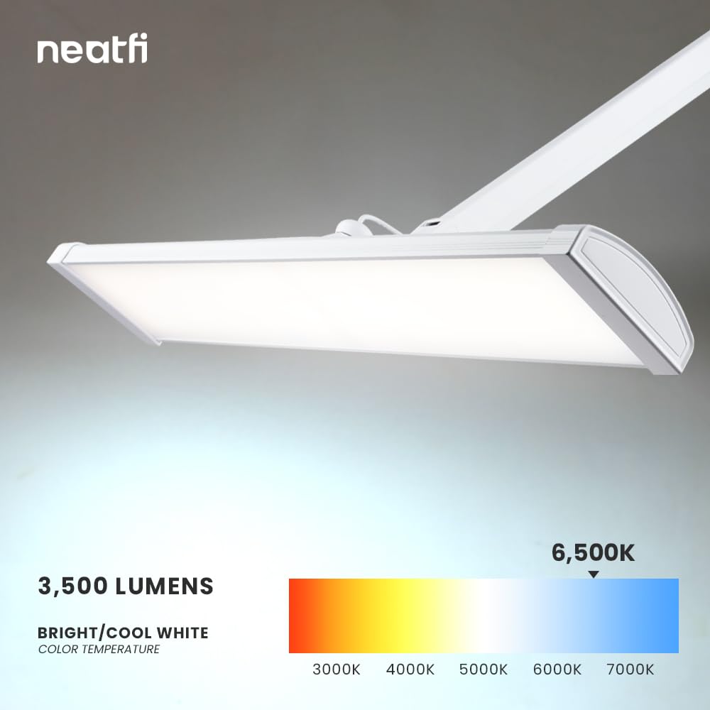 Neatfi 3,500 Lumens Ultra Bright LED Desk Lamp - 26 Inch Adjustable Dimmable Task Light with 270 SMD LEDs, 45W Energy Efficient Office & Home Lighting (White, Non-CCT with Base) - Perfect for Reading, Studying, Working & Crafting