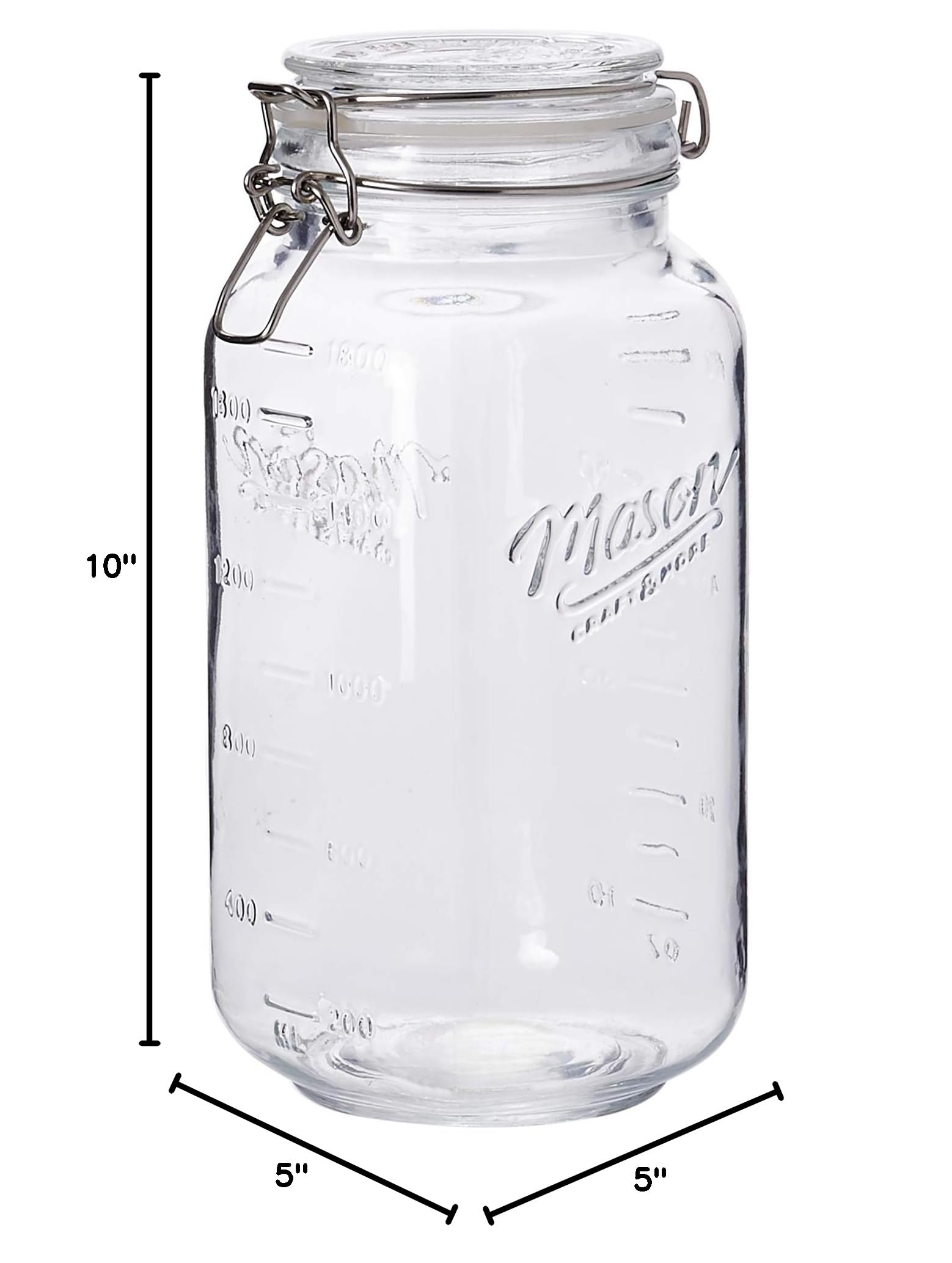 Mason Craft & More 67oz (2 Liter) Airtight Clear Glass Clamp Jar for Kitchen Food Storage - Perfect for Dry Goods, Spices, Coffee, Tea & Pantry Organization