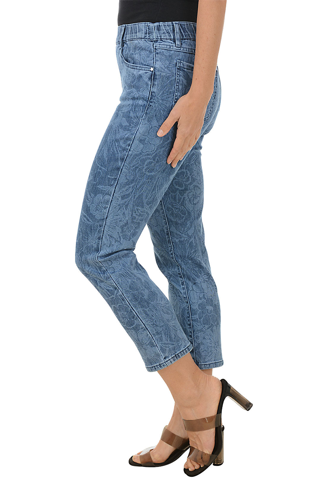 Wildflowers Pull On Denim Crop Pants - Women's Stretchy High Waist Skinny Jeans for Casual Wear & Spring Outfits