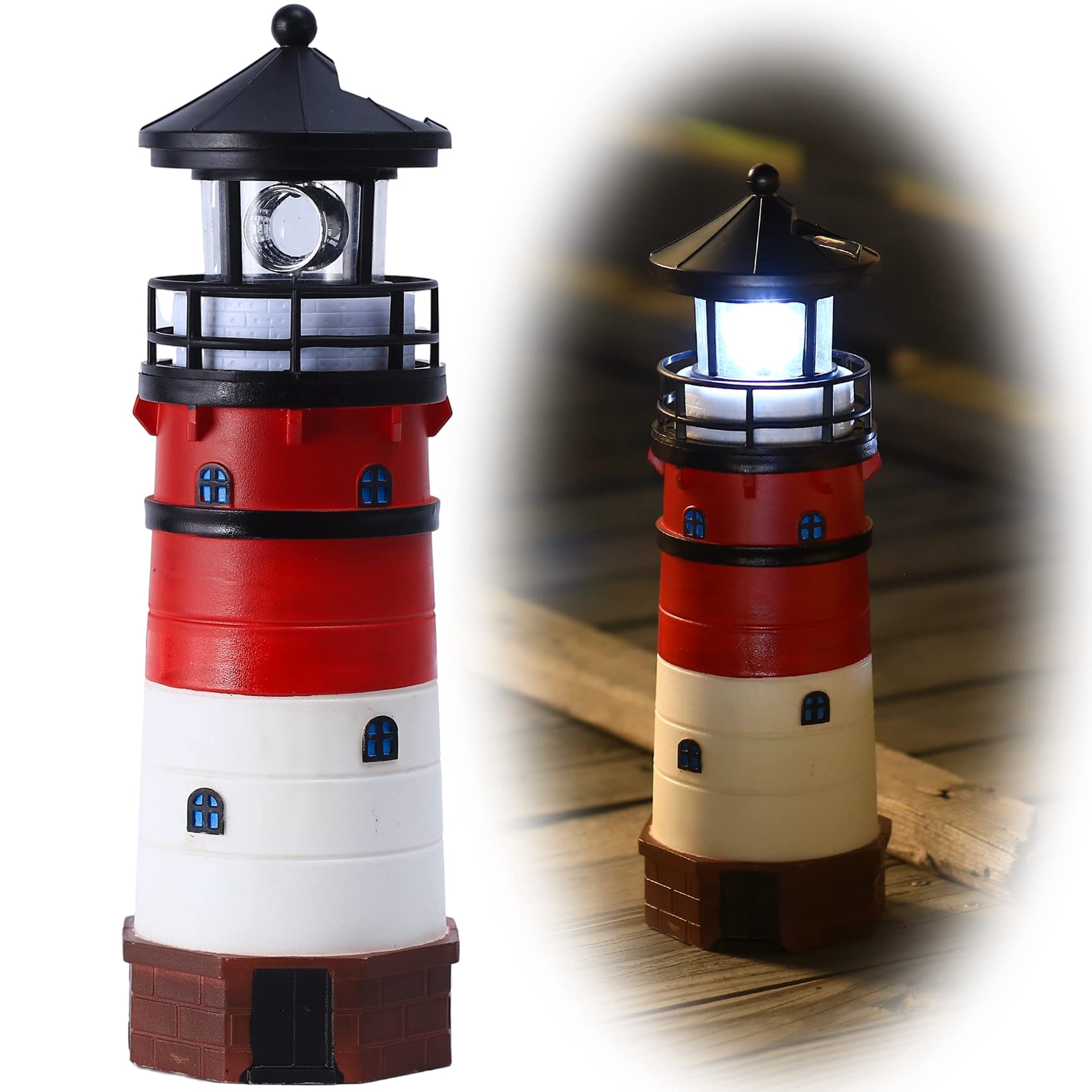 Solar Powered Rotating Beacon LED Lighthouse Lamp - Classic Red Outdoor Decorative Light for Garden, Patio, Well Cover | Perfect Landscape Lighting & Unique Gift Idea for Coastal & Nautical Theme Decor