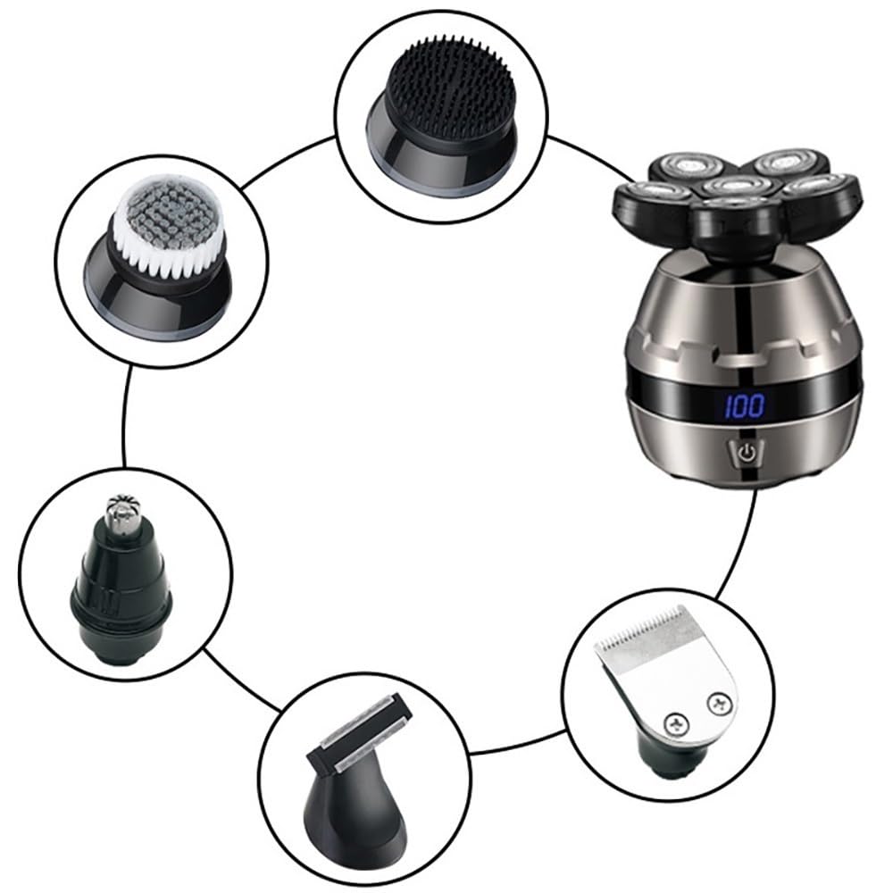 6-in-1 Electric Head Shaver for Men - Waterproof Wet/Dry Bald Head & Beard Trimmer with 6 Rotary Heads - Perfect for Full Body Grooming at Home, Gym or Travel