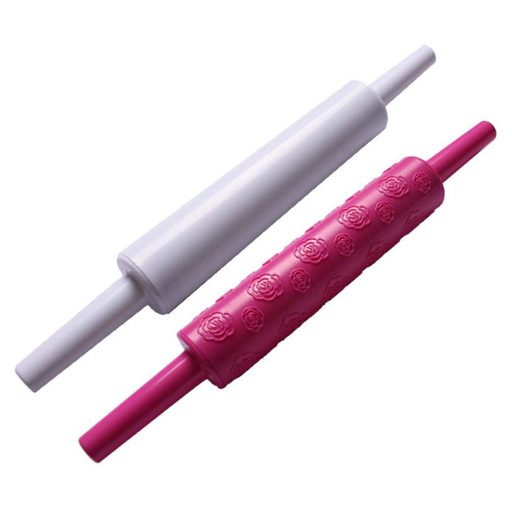 2-Piece Multifunctional Plastic Embossing Rolling Pin Set - Rose Red & White Cake Decorating Tool for Fondant, Dough, Dumplings | Perfect for DIY Baking, Pastry Making & Kitchen Crafts