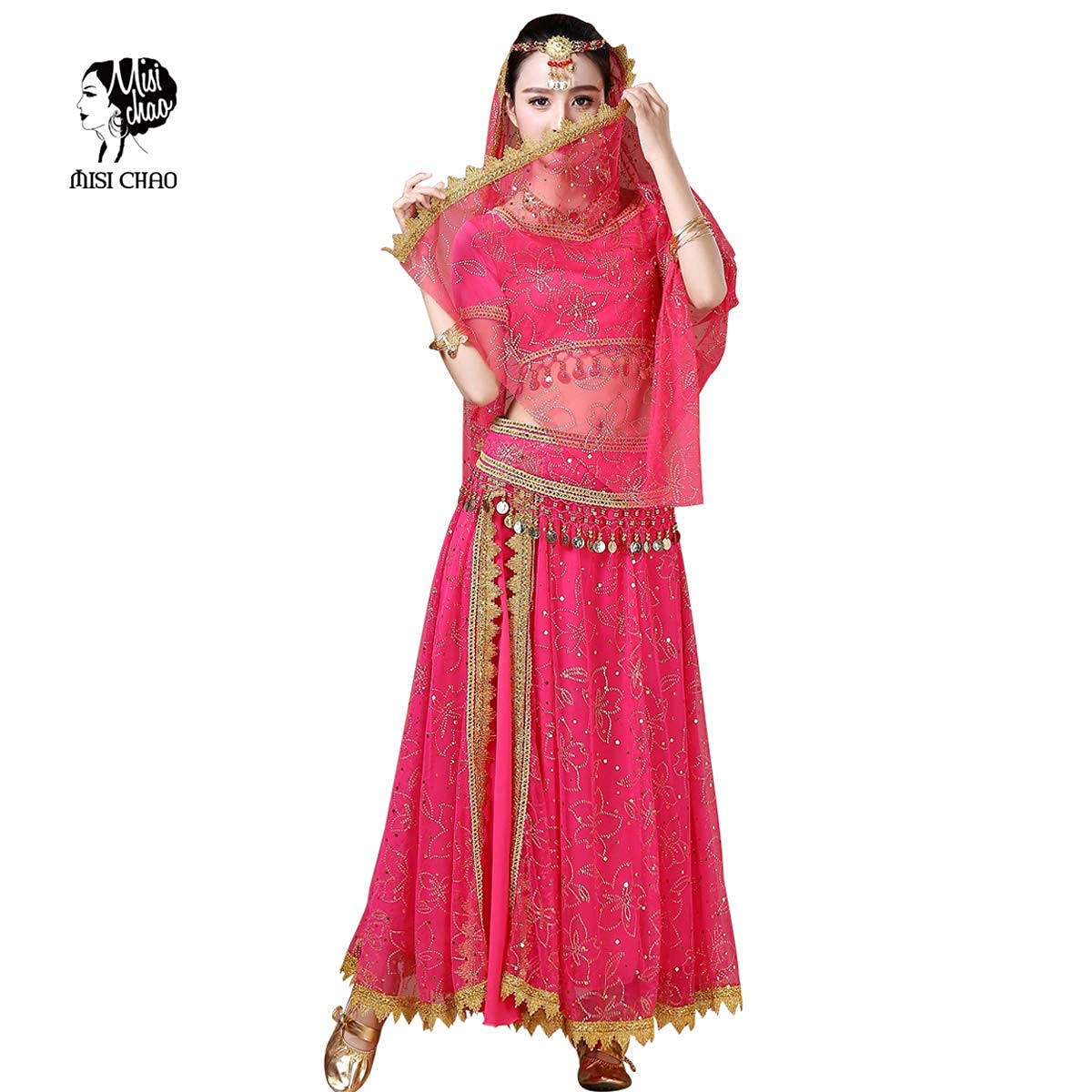 Elegant MISI CHAO Belly Dance Costume - Bollywood Chiffon Dress with Head Veil for Women | Perfect for Halloween, Dance Performances & Cultural Events