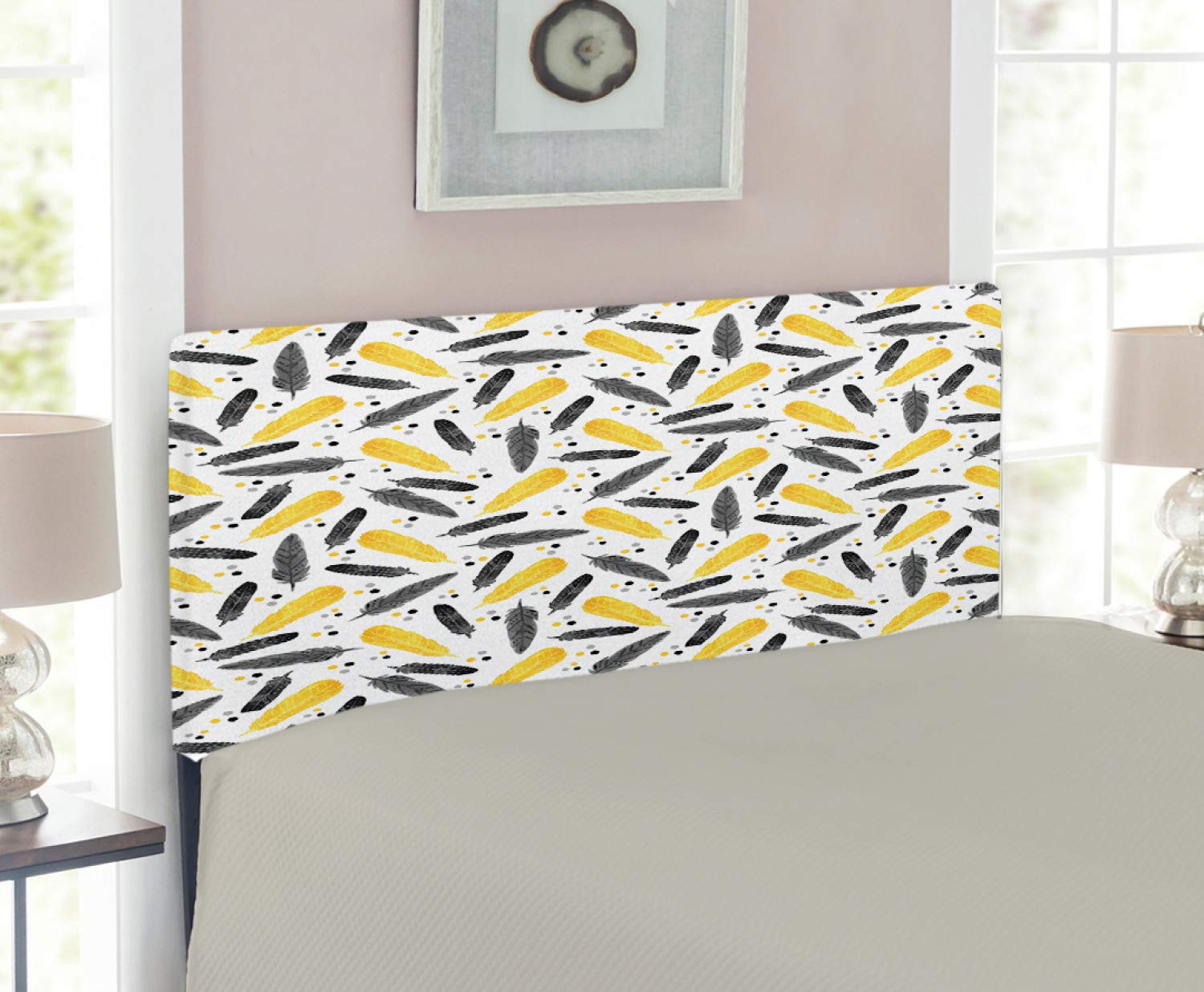 Ambesonne Bohemian Feather Headboard with Watercolor Spots Pastel Print - Upholstered Decorative Metal Bed Frame with Memory Foam - Twin Size Grey Yellow - Perfect for Bedroom Decor, Guest Room & Bohemian Style Homes