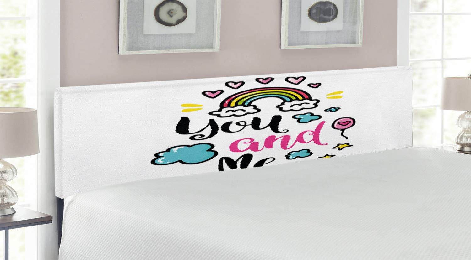 Ambesonne King Size Upholstered Headboard with Memory Foam - Romantic Rainbow Clouds & Hearts Love Doodle Print - Decorative Metal Bed Frame for Couples - Perfect for Master Bedroom & Guest Room Decor