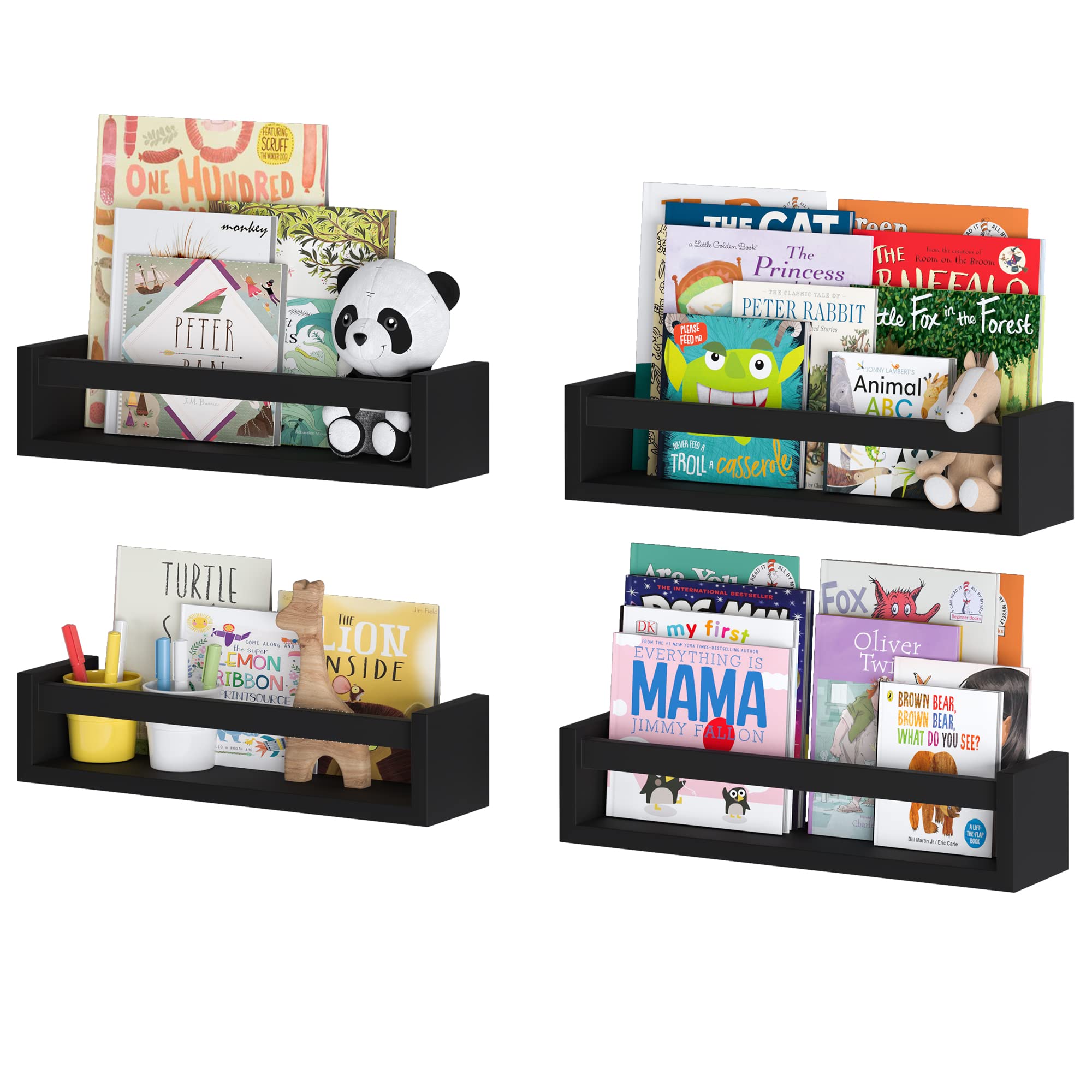 Wallniture Utah Floating Shelves for Wall - Set of 4 Black Wooden Wall Shelves, Kids Bookshelf & Nursery Decor | Perfect for Bedroom Storage, Living Room Display & Bathroom Organization