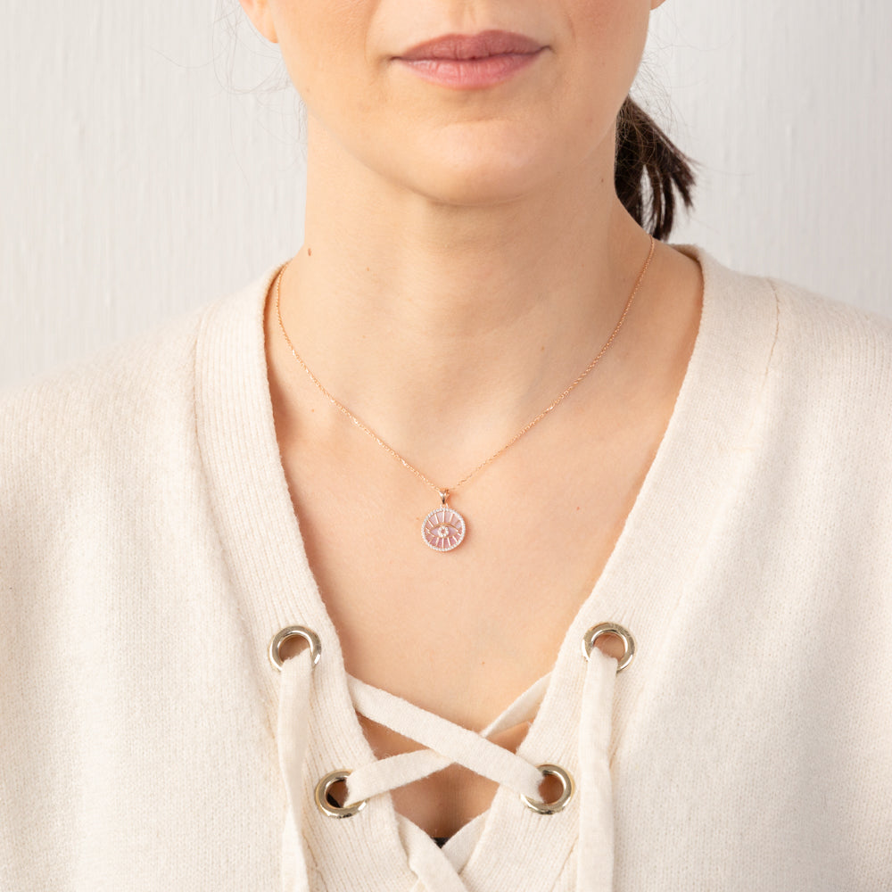 9ct Rose Gold Cubic Zirconia & Mother of Pearl Evil Eye Pendant Necklace - Protection Jewelry for Women, Perfect Gift for Birthday, Anniversary & Everyday Wear