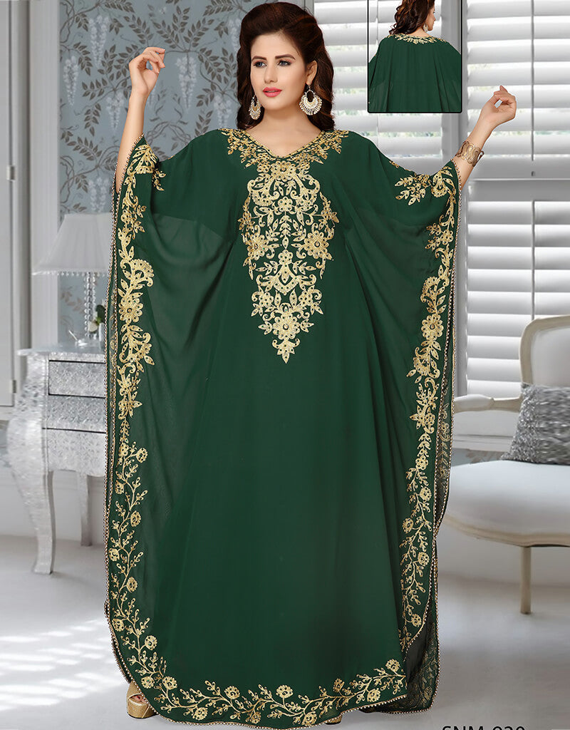 Elegant Arabic Green Georgette Farasha with Heavy Embroidery - Perfect for Weddings, Parties & Special Occasions