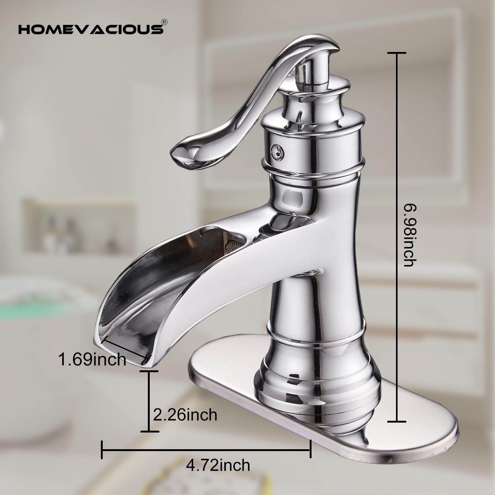 Homevacious Single Hole Waterfall Bathroom Faucet - Chrome Vanity Sink Faucet with Lever Handle, Deck Mount Basin Mixer Tap for Bathroom & Lavatory - Perfect for Modern Homes, Hotels, and Commercial Spaces
