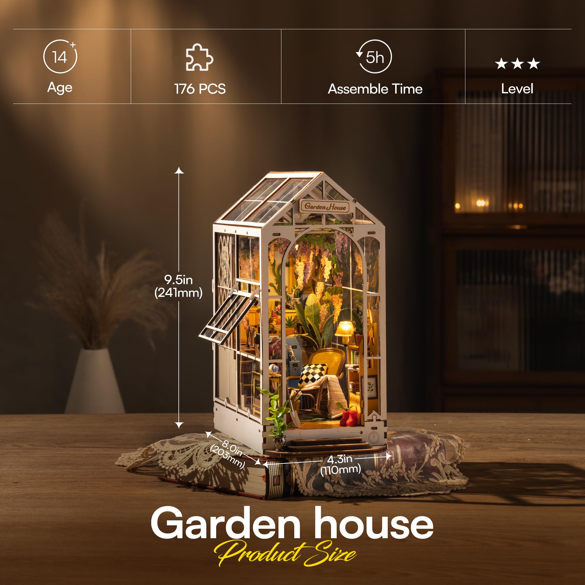 ROBOTIME DIY 3D Wooden Book Nook Kit - Miniature Garden House Model with LED Lights, Creative Bookshelf Insert & Bookend Decor | Perfect for Home Office, Library Display, and Unique Gift for Puzzle Lovers