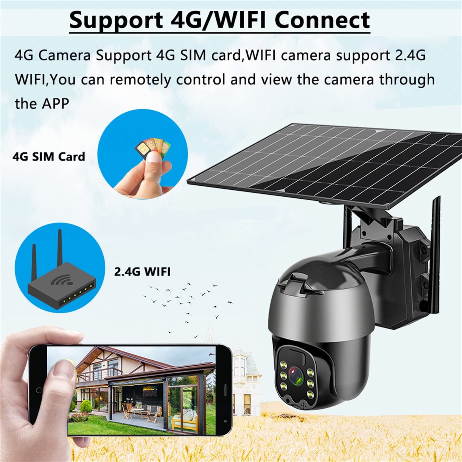 MEIVIYA 5MP Outdoor Security Camera with 6W Solar Panel, 4G SIM Card Slot, Audio, PTZ & Wireless IP Surveillance - Ideal for Home, Farm & Business Security (Includes 128GB Storage)