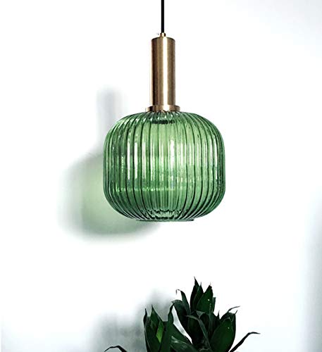 Modern Ribbed Glass Geometric Hanging Light Fixture - Brass Finish Single Bulb Pendant Light for Hallway, Living Room, Bedroom, Coffee Shop & Bar | Energy Efficient B-Green Design | Perfect for Ambient Lighting & Home Decor