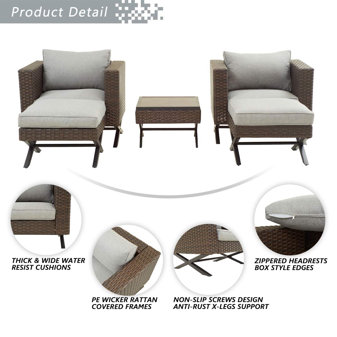 5-Piece Outdoor Patio Furniture Set - Brown Wicker Rattan Chairs with Grey Cushions, Ottoman & Metal Frame Coffee Table - Garden Conversation Set for Backyard, Poolside or Bistro Seating