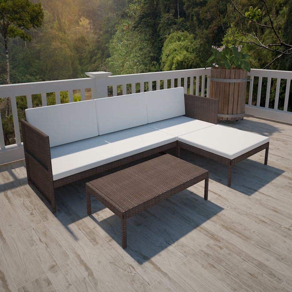 EstaHome 3-Piece Brown PE Rattan Patio Furniture Set with Cushions & Tea Table - Outdoor Garden Lounge Conversation Sofa Set for Backyard, Poolside & Deck Relaxation
