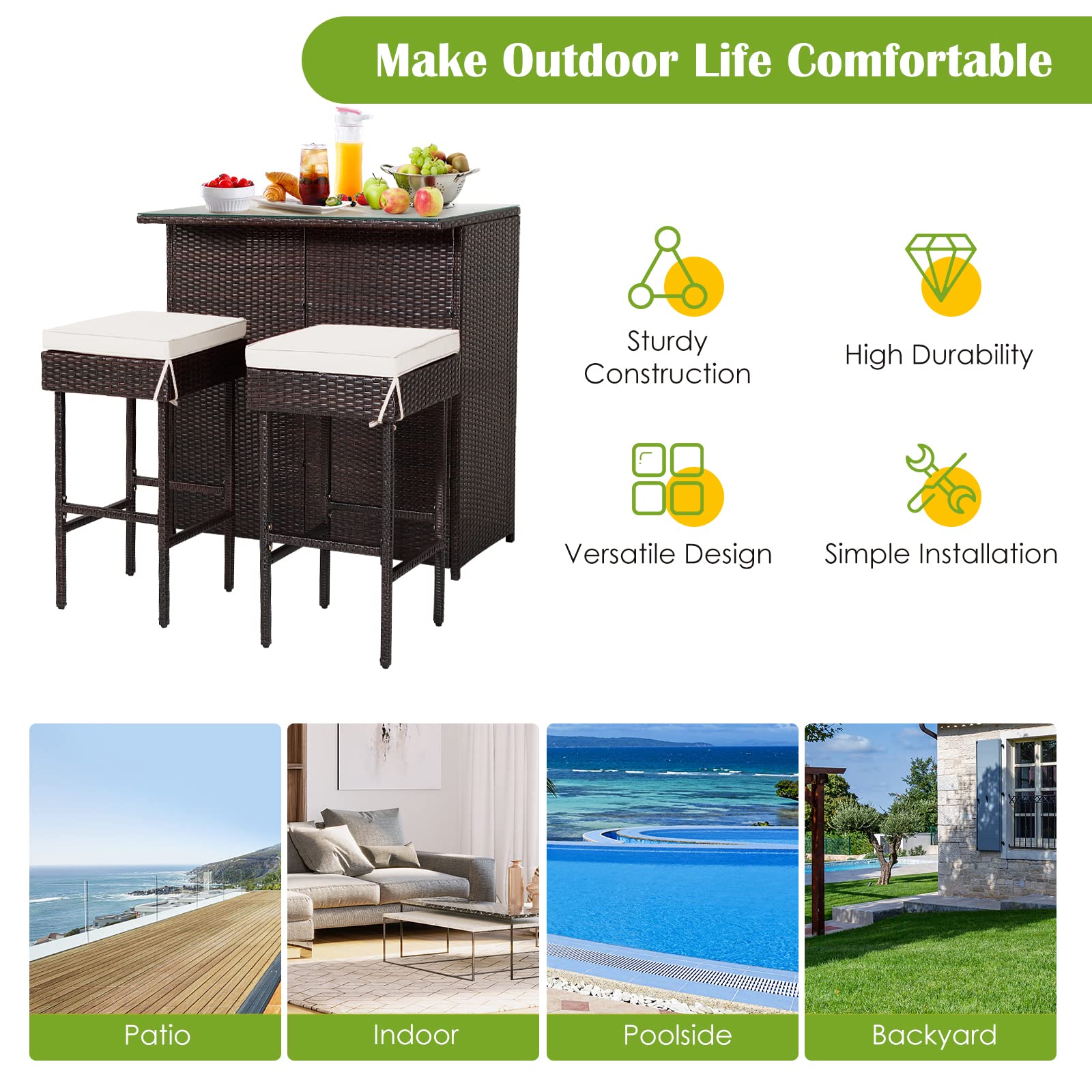 RELAX4FLIE 3-Piece Outdoor Bar Set - Patio Wicker Bar Table & Chairs with Cushioned Stools, 2 Open Shelves & Tempered Glass Top - Rattan Bar Height Set for Poolside, Garden, Backyard, Deck & Outdoor Entertaining (Beige)