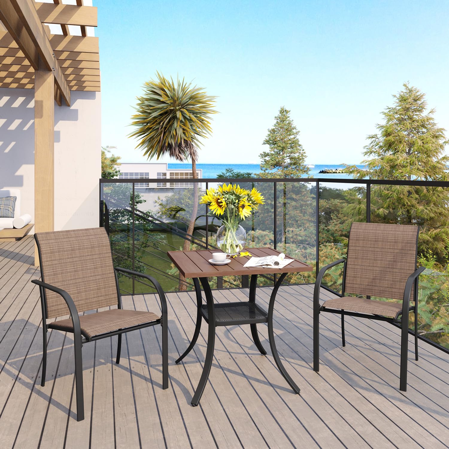 VICLLAX 3-Piece Outdoor Dining Set for 2 - Small Patio Table & 2 Stackable Sling Chairs - Walnut Table with Brown Chairs - Perfect for Backyard, Garden, Balcony or Small Outdoor Spaces