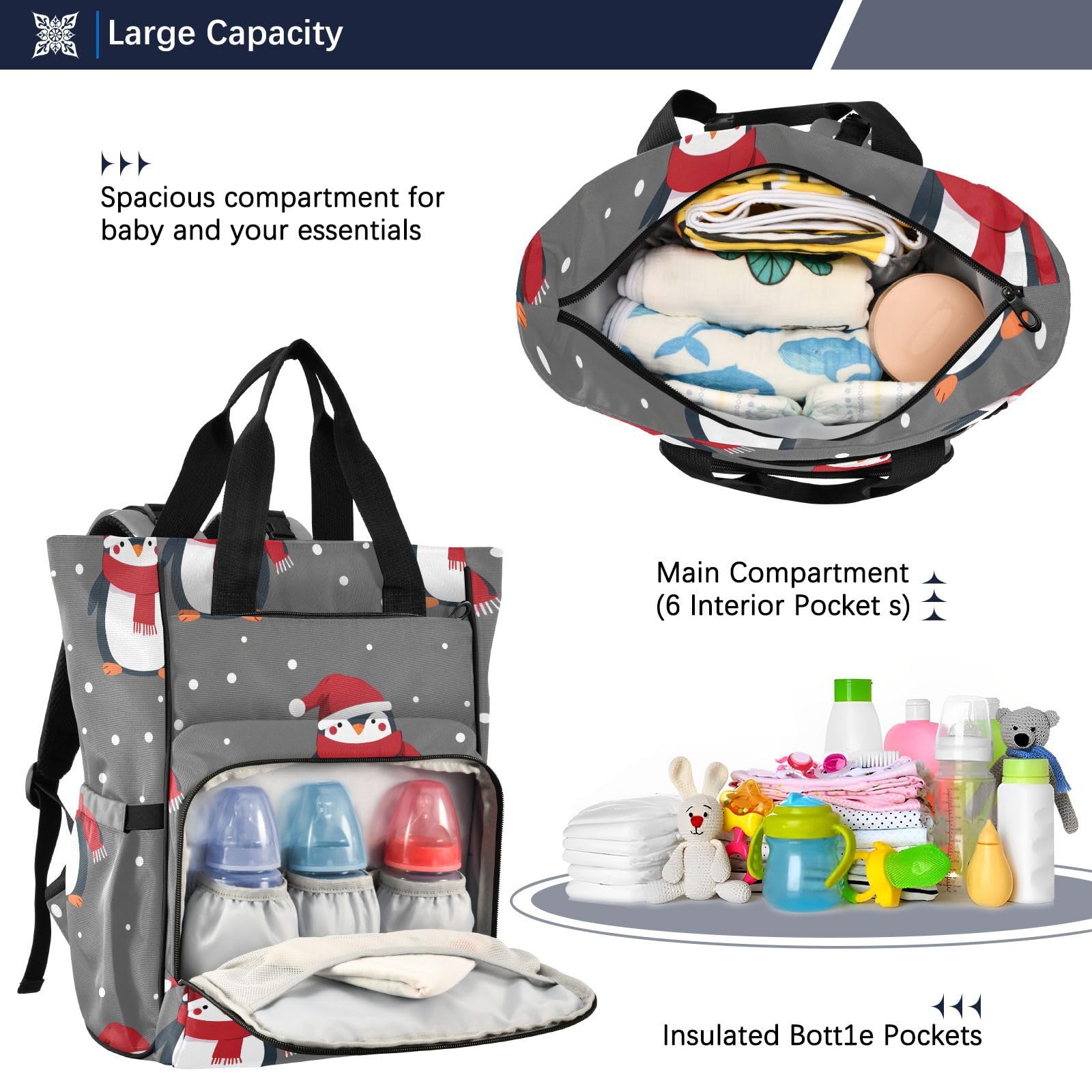 **PJXTH Gray Penguin Diaper Backpack - Large Capacity Waterproof Baby Bag with Insulated Pockets & Stroller Straps - Travel, Daycare, Park - Unisex for Moms, Dads, Boys & Girls**