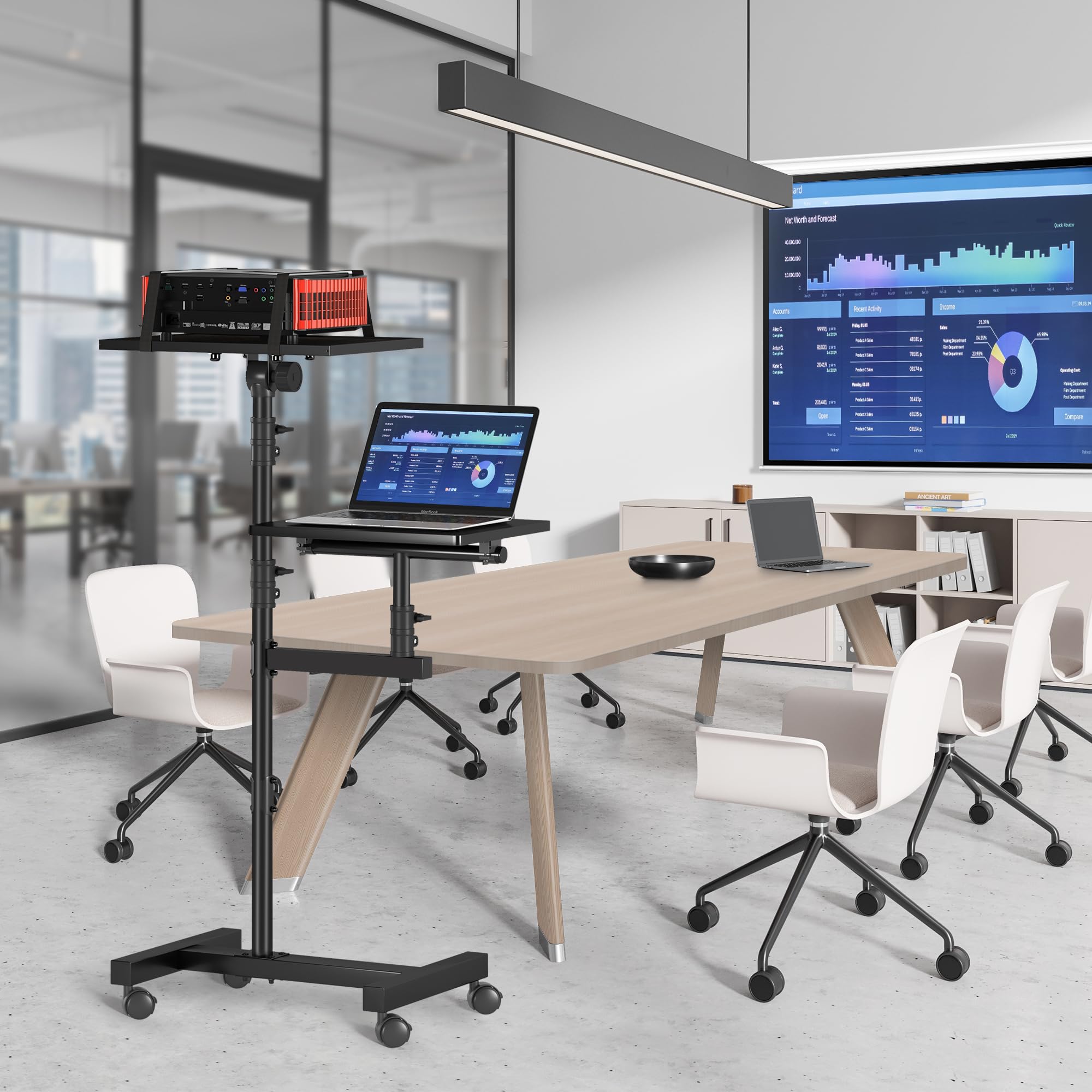 Adjustable Height Projector Stand Tripod with 2 Shelves - Mobile Rolling Desk Cart on Wheels (45