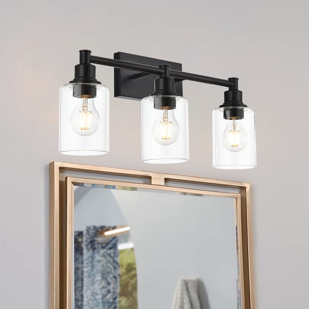 Lucidce Modern Farmhouse Bathroom Vanity Light Fixture - 3-Light Wall Sconce with Clear Glass Shades, Over Mirror Lighting for Bathroom, Powder Room & Dressing Area