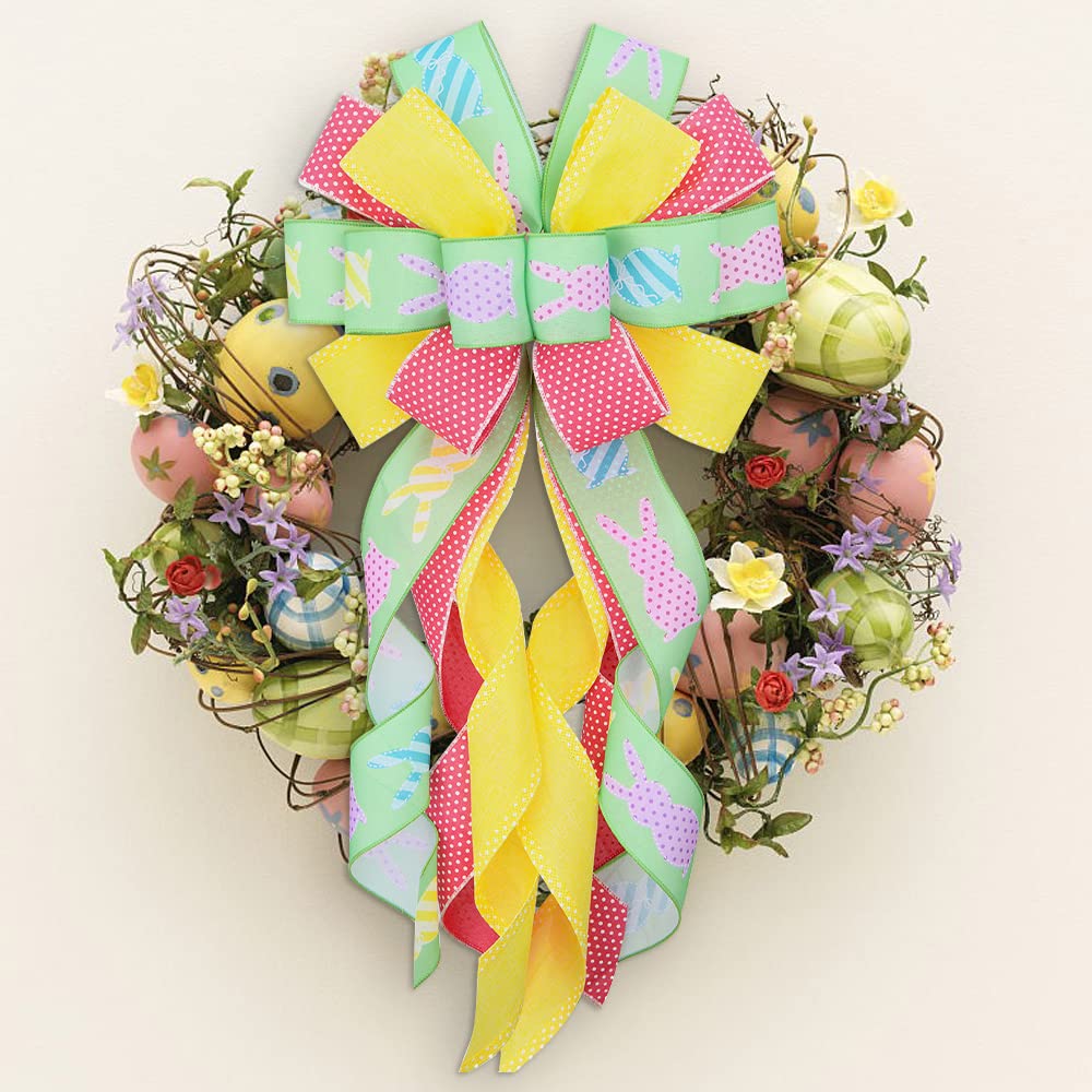 Large Easter Wreath Bows for Front Door - Pink Yellow Green Burlap Bows with Easter Bunny Rabbits Design | Spring Holiday Decor for Wreaths, Wall, Tree Topper | Perfect for Easter Home Decorations & Spring Party