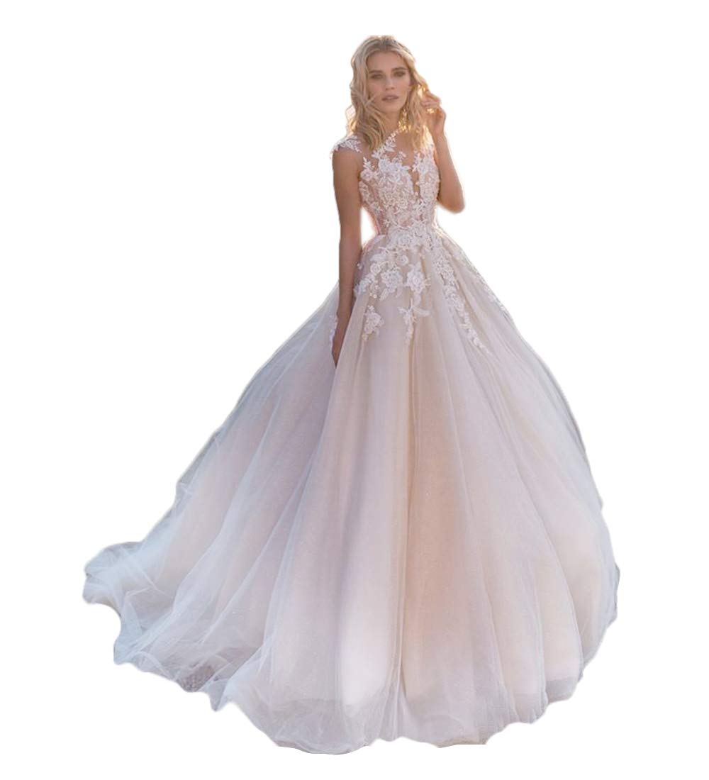 Empire Waist Wedding Dresses with Lace Applique - A-Line Long Bridal Gown with O-Neck for Country Weddings, Beach Ceremonies & Romantic Vows