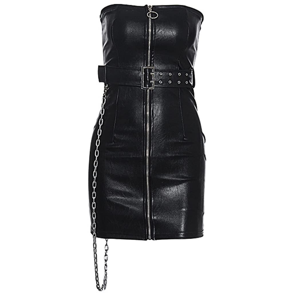 HTKLCZ Women's Black Leather Zipper Mini Dress - Strapless Bodycon Club Party Dress with Chain Belt (Size M) | Sexy Night Out, Cocktail Party, Date Night Outfit