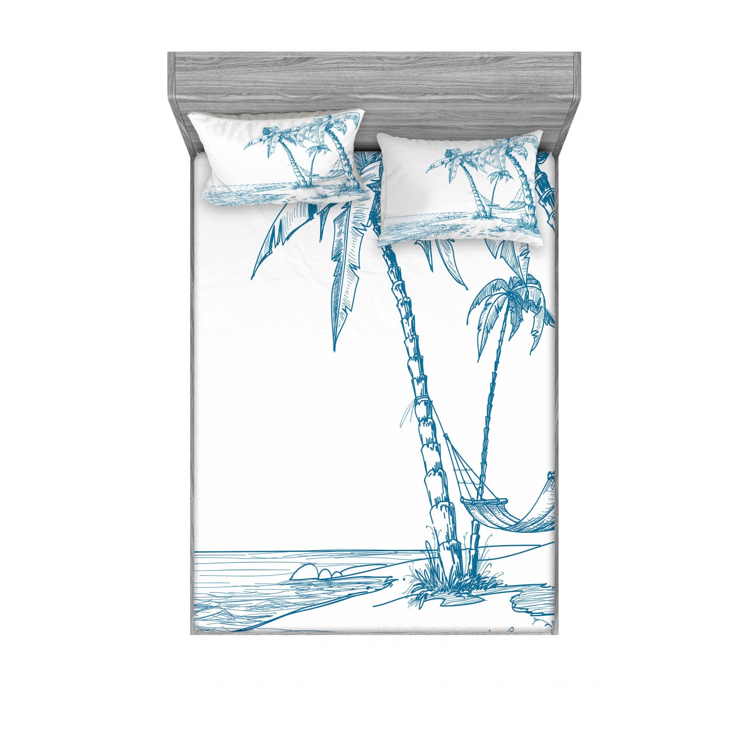 Ambesonne Tropical 2-Piece King Size Fitted Sheet Set with 4 Pillow Shams - Beach Palm Tree Design Blue White Coastal Bedding for Master Bedroom & Guest Room Decor