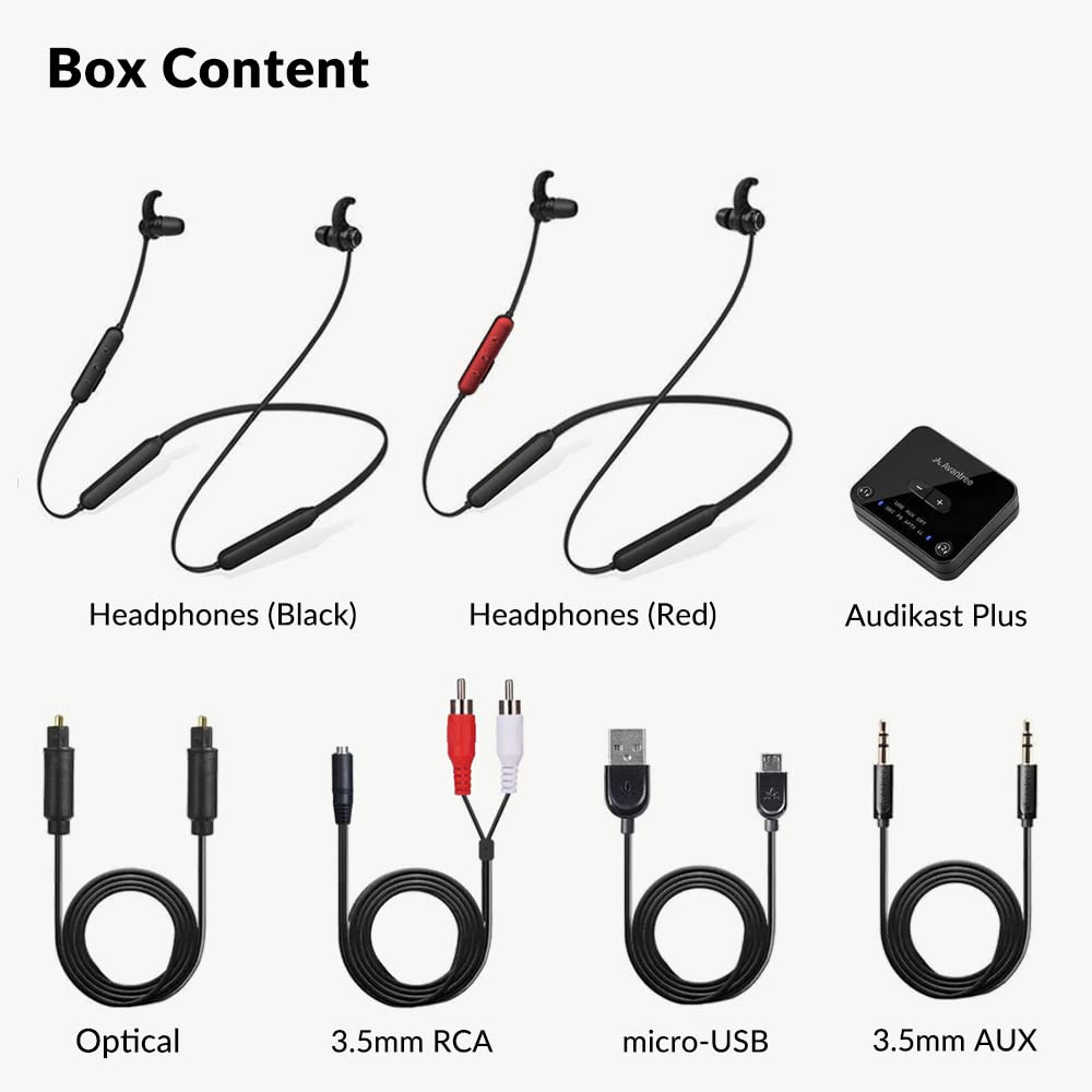 Avantree HT41866 Wireless Bluetooth Earbuds for TV - 20H Neckband Headphones with Optical/RCA/AUX Transmitter, Plug & Play, Zero Latency - Perfect for Late Night TV Watching, Gaming & Private Listening