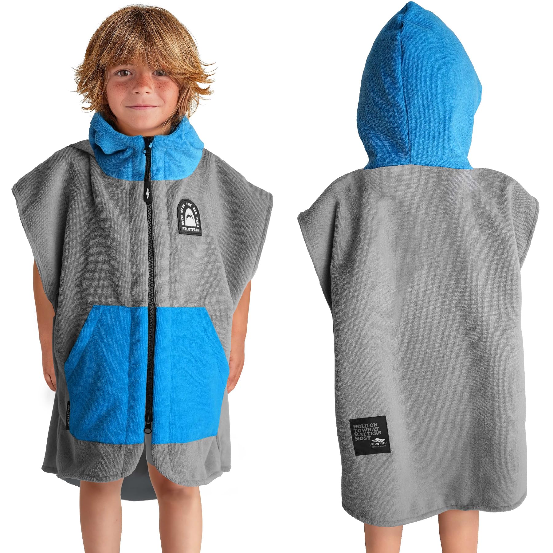 Pilotfish Surf Poncho Changing Robe Towel - Hooded Zippered Quick Dry Beach Cover Up for Men & Women | 2 Front Pockets, Machine Washable | Perfect for Surfing, Swimming, Beach Days & Outdoor Activities