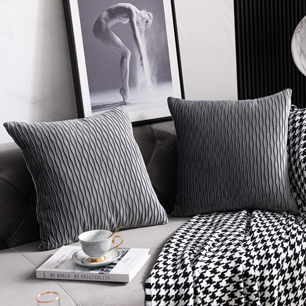 DEZENE Grey Striped Velvet Pillow Covers - Set of 2 (20x20 Inches) Farmhouse Decorative Throw Pillow Cases for Sofa, Couch & Bed - Perfect for Living Room, Bedroom & Home Decor