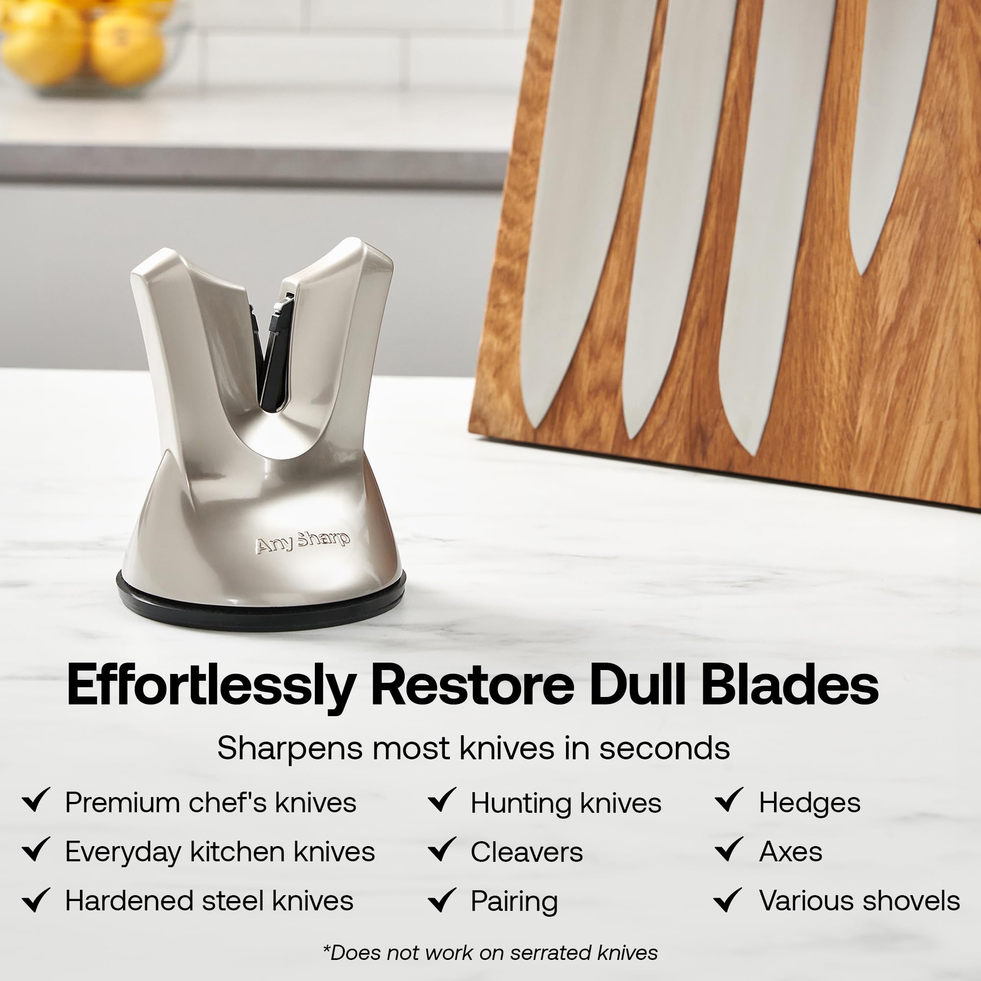 AnySharp XBLADE Hands-Free Knife Sharpener - Easy-to-Use Sharpening Tool with PowerGrip Suction Base & Self-Adjusting Angles (12.5°-22.5°) - Works on All Knives Including Chef's, Serrated & Cleavers - Silver - Perfect for Kitchen, Camping & Outdoor Cooking