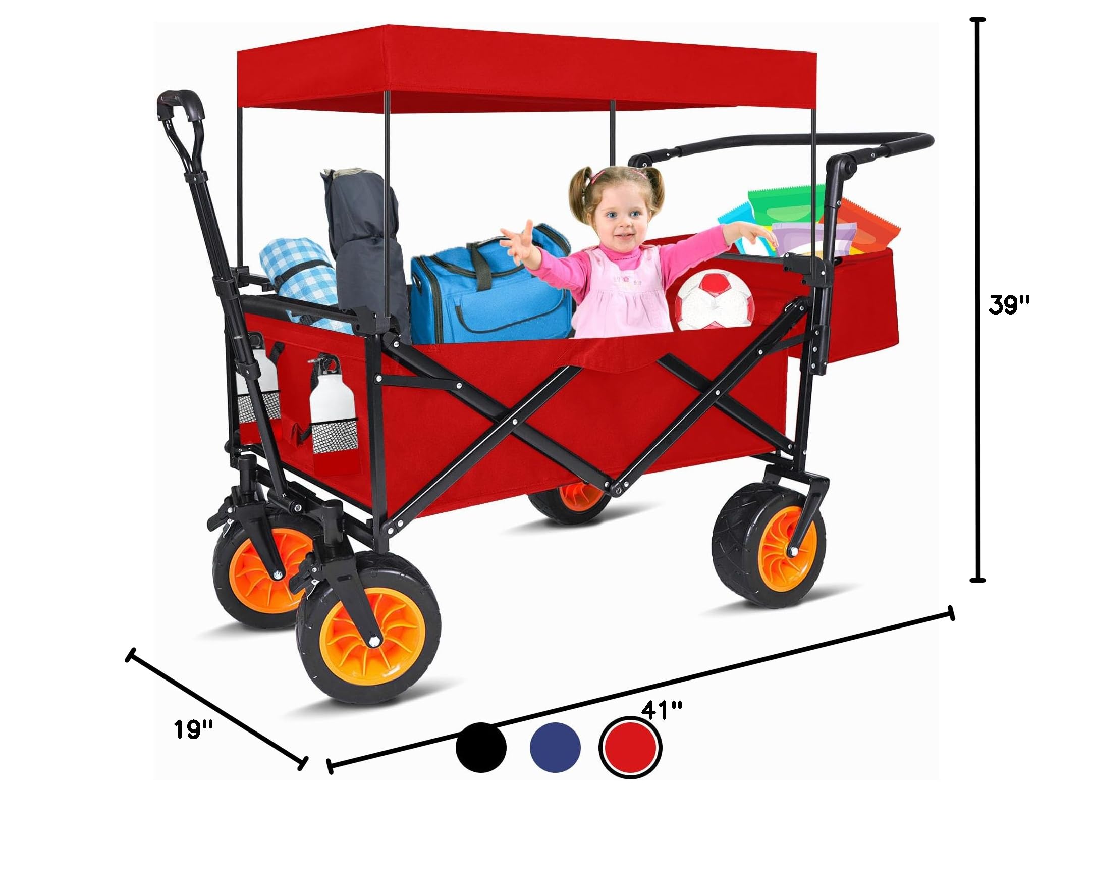 Best Kids Wagon Stroller with Canopy & Seat Belt - Foldable Push Cart with Adjustable Handle & Wheel Locks for Toddlers - Perfect for Beach, Picnic, Camping & Outdoor Adventures (Red)