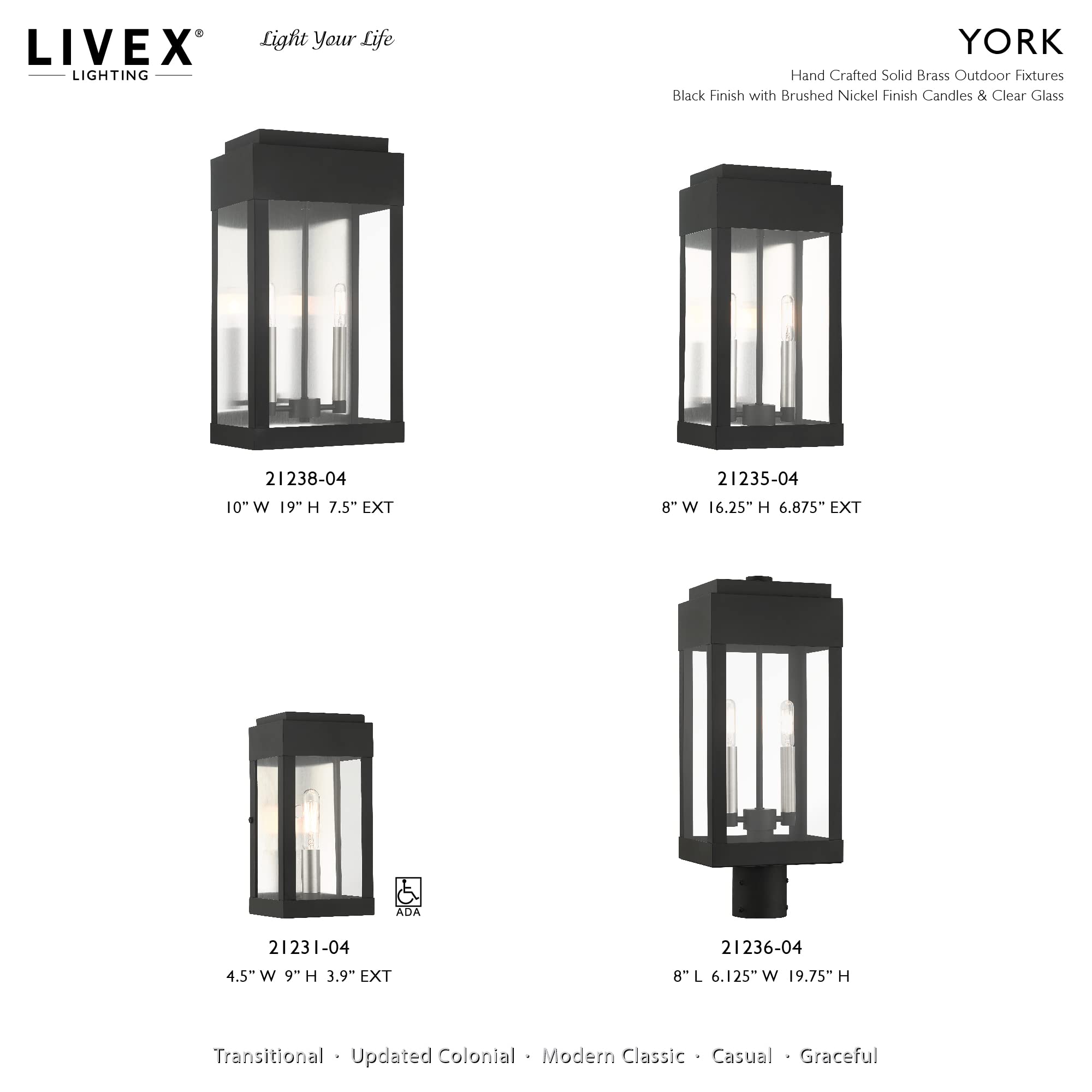 Livex Lighting 21231-04 York 1 Light Outdoor Wall Lantern - Black with Brushed Nickel Finish, ADA Compliant, Stainless Steel Reflector - Perfect for Porch, Patio, and Garden Lighting