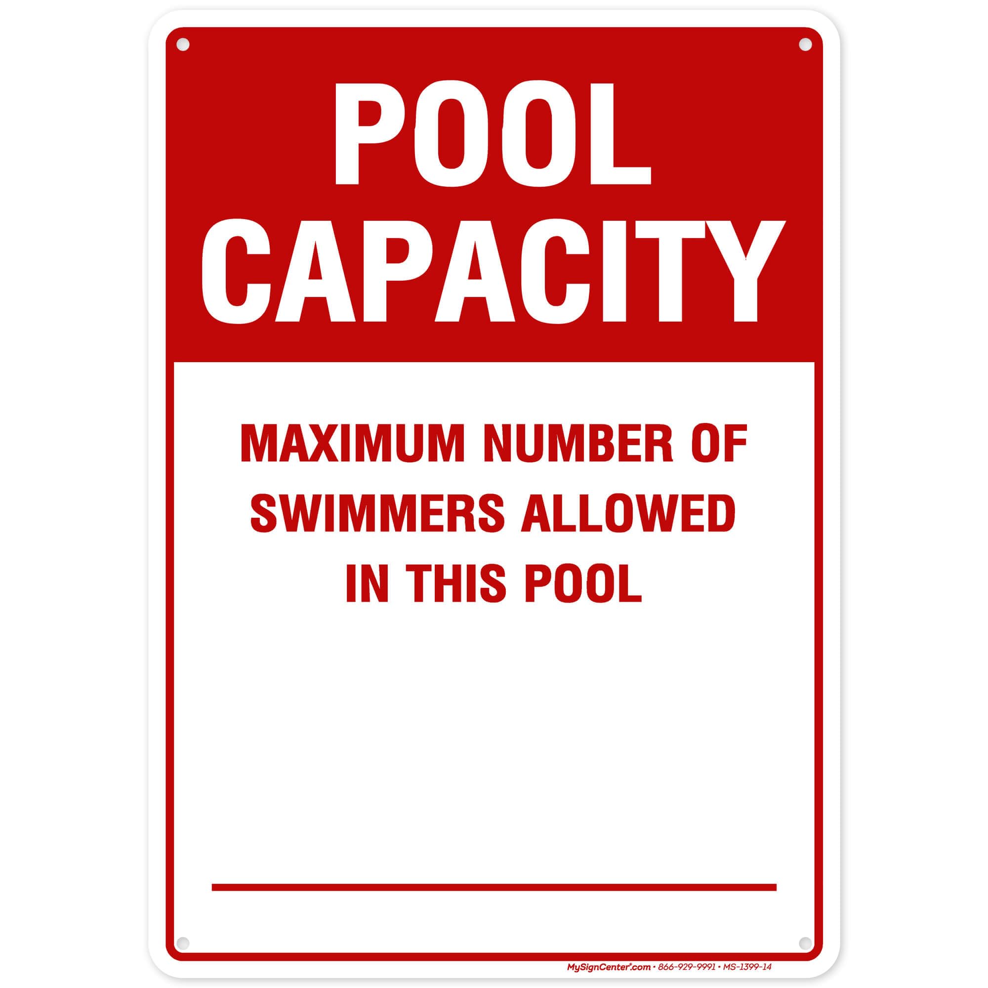 Pool Capacity Sign - Maximum Number of Swimmers Allowed - 10x14 Inches Rust-Free .040 Aluminum - Fade Resistant - Made in USA - Perfect for Public Pools, Water Parks & Community Centers