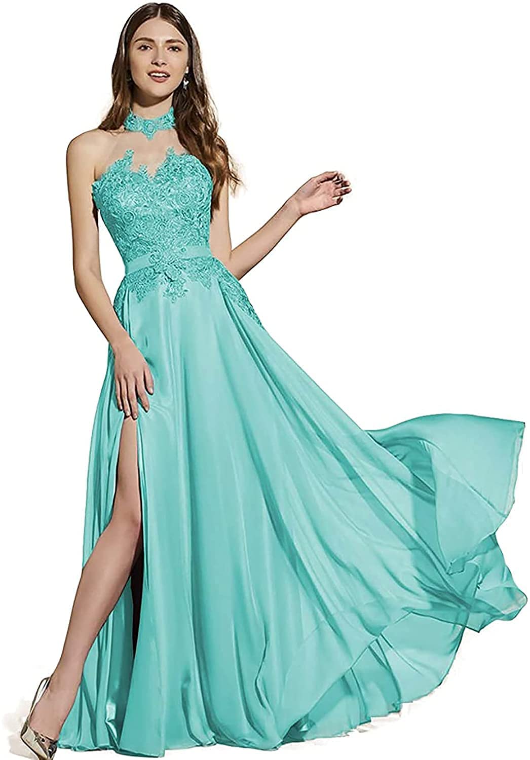 Elegant Women's Halter Lace Applique Long Chiffon Evening Gowns 2022 - Formal Party Dresses with High Slit for Prom, Wedding, Cocktail & Black Tie Events