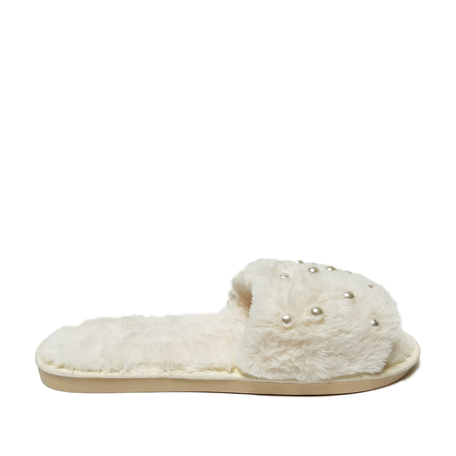 FLOOF Women's Pearl Embellished Slippers - Soft Cream House Shoes for Women, Comfortable Indoor/Outdoor Slides - Perfect for Lounging, Spa Days & Gift Giving